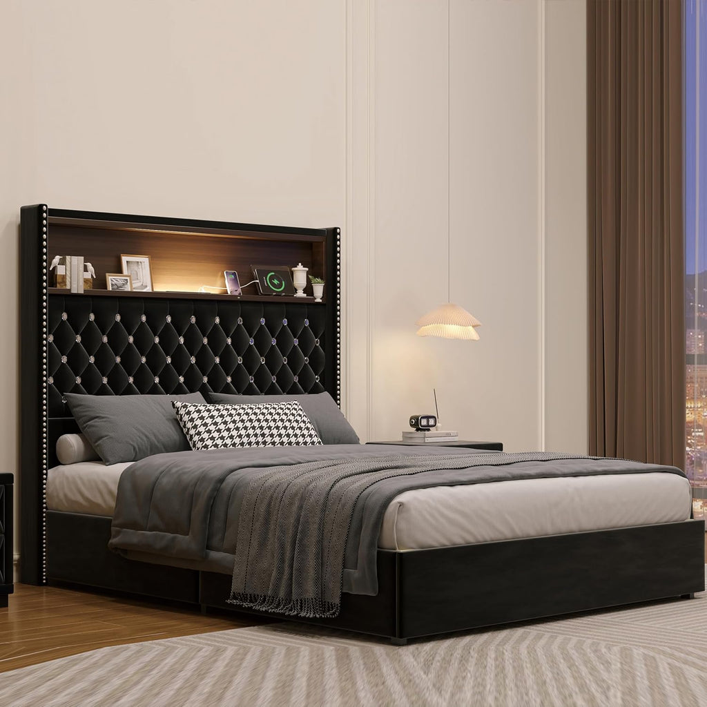 JIVOIT Full Size Bed Frame with Storage, Velvet Tufted Soft Bed Frame with 52'' High Headboard with Rivet Decoration, Wing-Back Platform Bed with Headboard Shelf, No Box Spring Needed (Black,Full,42)