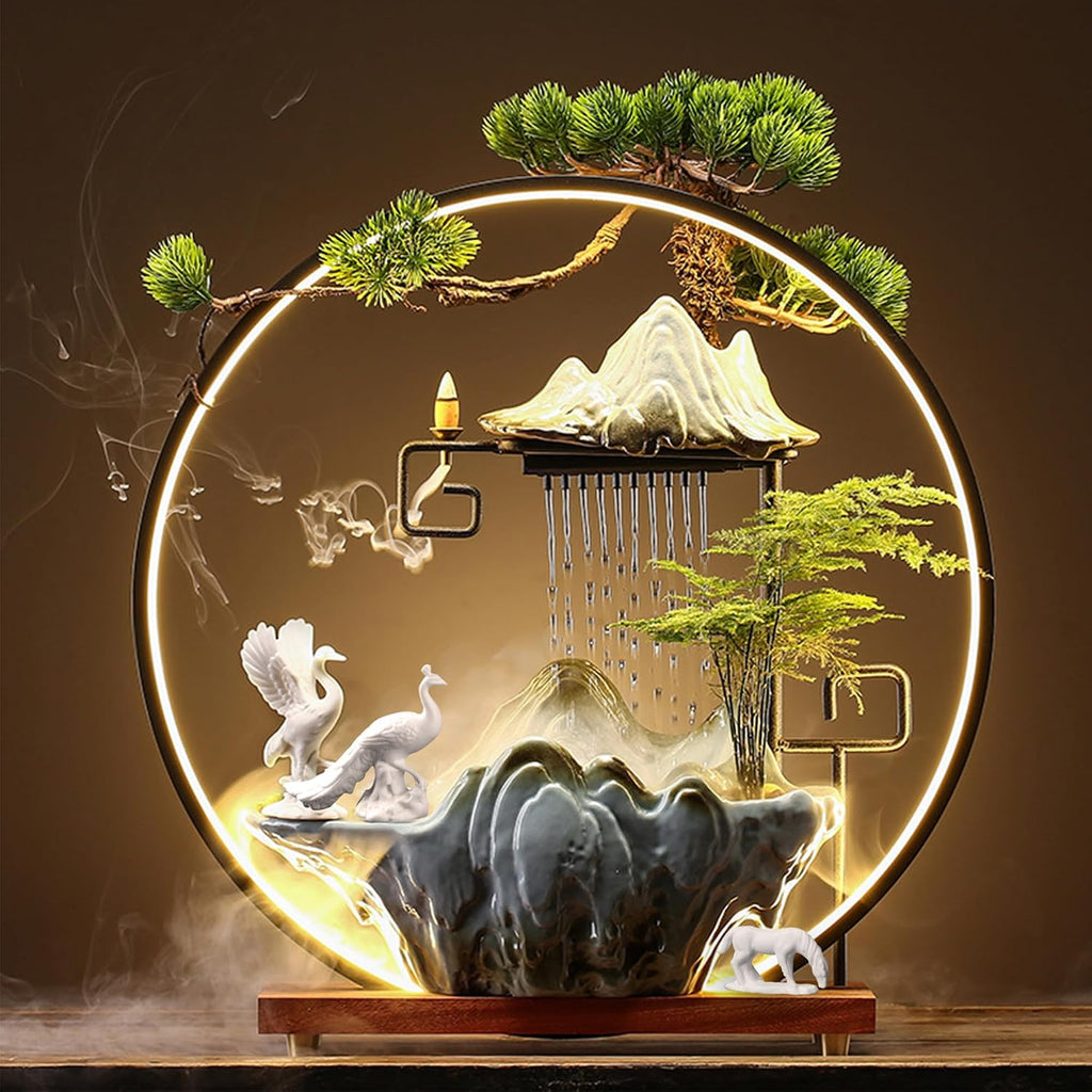 Tabletop Water Fountain Indoor Animals Desktop Waterfall Fountain with Lights Mist Backflow Incense Holder Meditation Relaxing Indoor Zen Decor for Home, Office (Peacock, Horse & Crane)