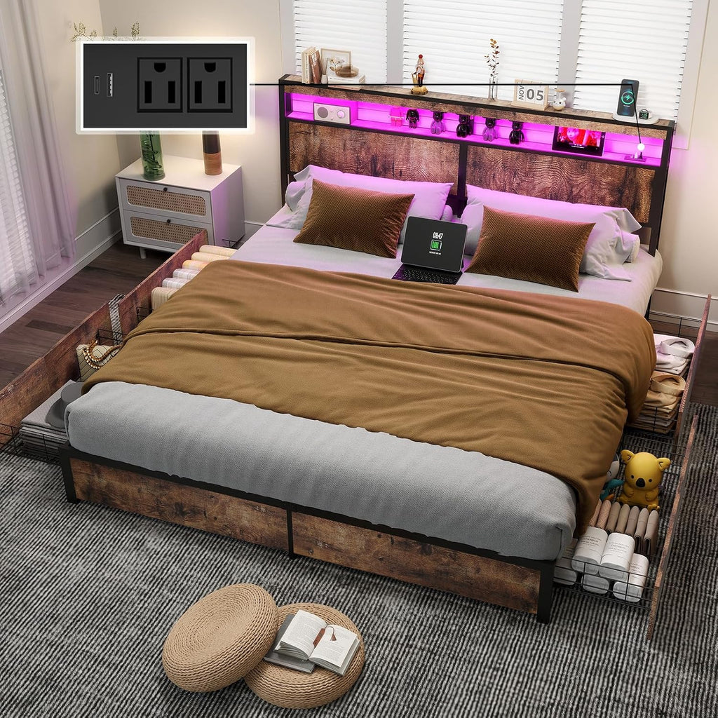 Fabulis King Size Bed Frame with 4 Storage Drawers and Headboard with Charging Station and LED Lights,2 Tier Solid Wood Headboard Storage,Noise Free,Easy Assembly, Vintage Brown