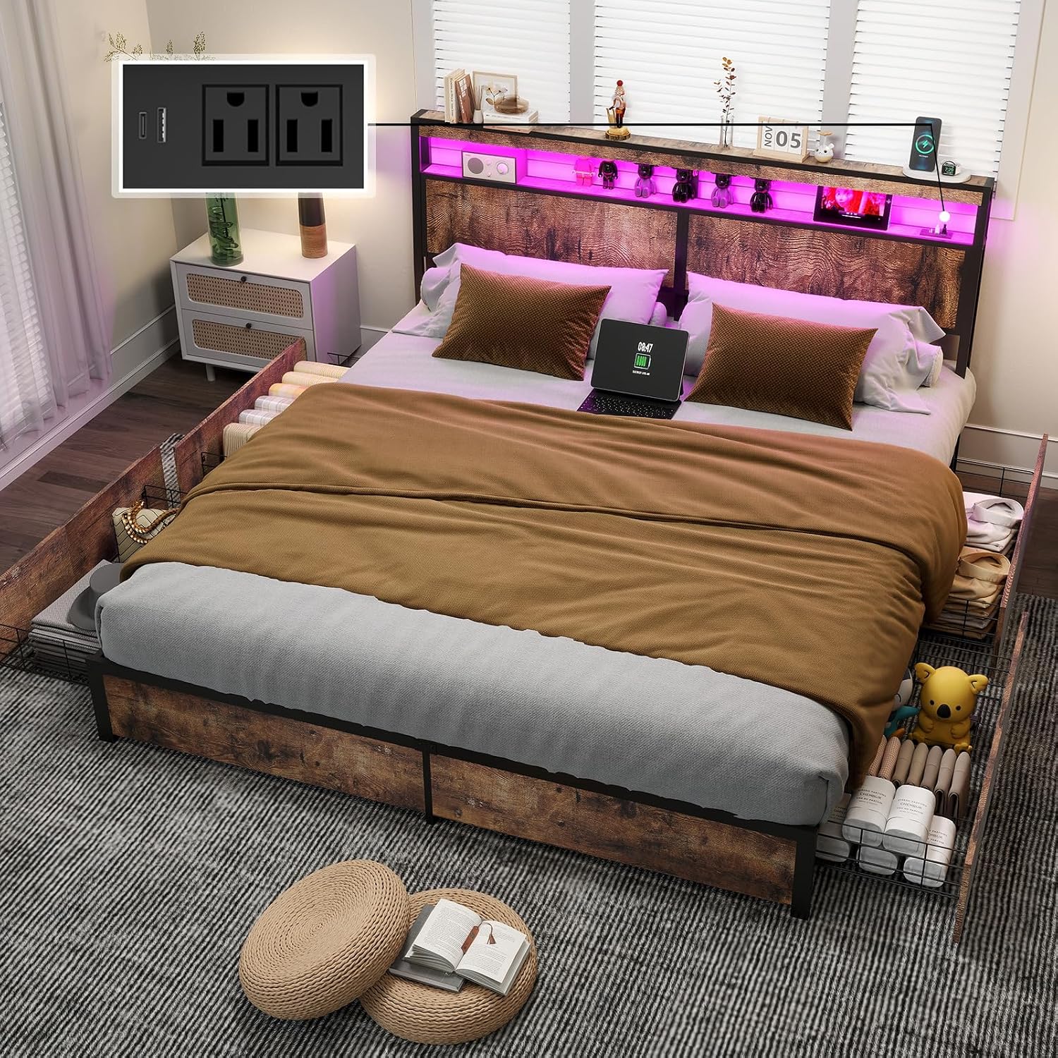 Fabulis King Size Bed Frame with 4 Storage Drawers and Headboard with Charging Station and LED Lights,2 Tier Solid Wood Headboard Storage,Noise Free,Easy Assembly, Vintage Brown