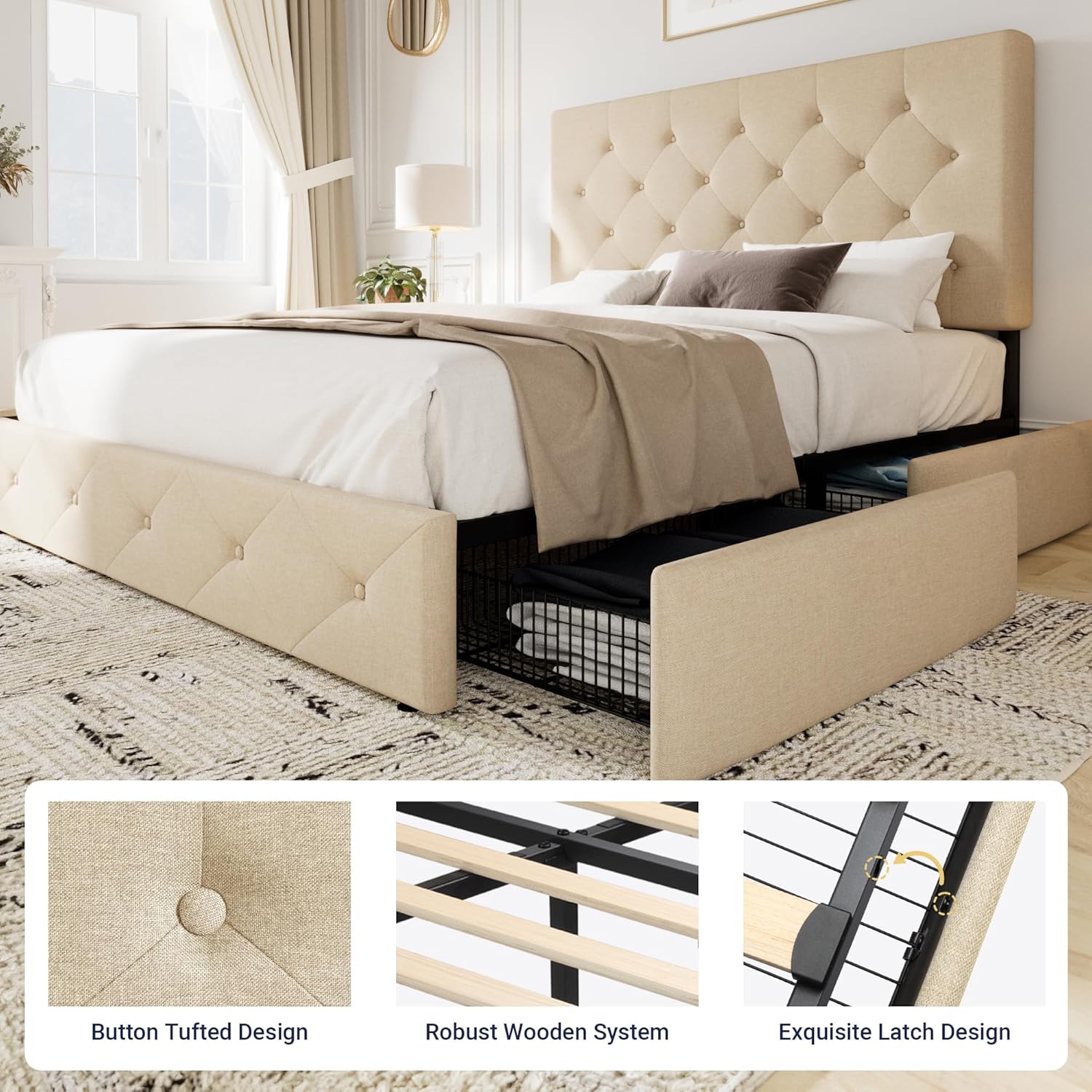 Allewie Upholstered Queen Size Platform Bed Frame with 4 Storage Drawers and Headboard, Diamond Stitched Button Tufted, Mattress Foundation with Wooden Slats Support, No Box Spring Needed, Beige