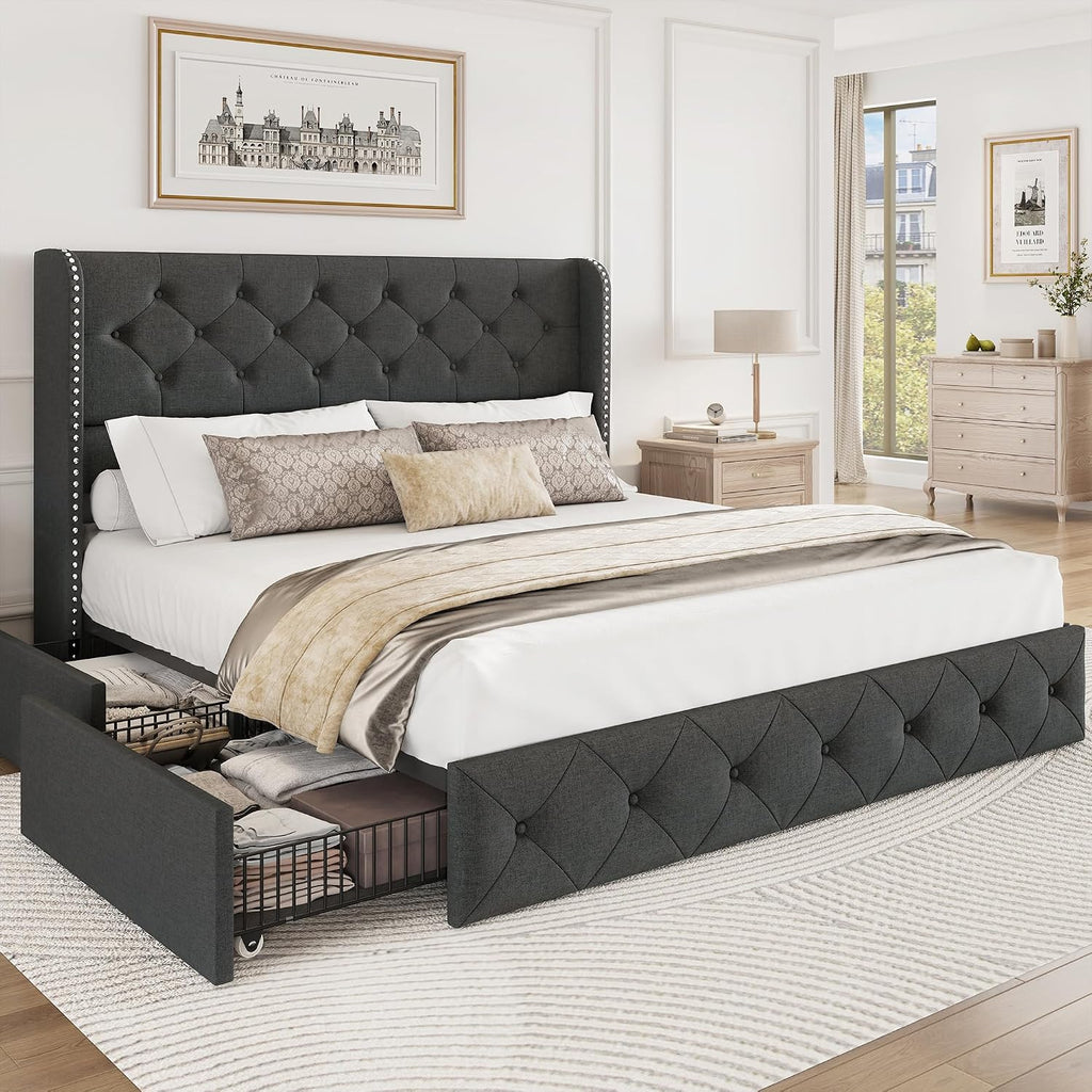 BRELTAM Queen Size Bed Frame with Storage Drawers and Wingback Headboard Linen Upholstered Platform Bed Frame Tufted Beds with Heavy Duty Wood Slats, Noise Free, Easy Assembly, Dark Grey