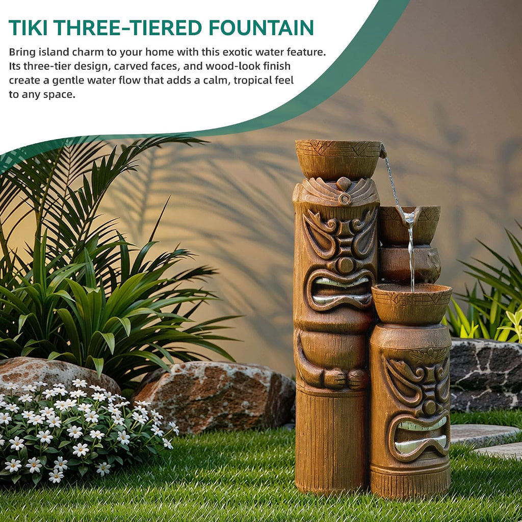 31' Outdoor Fountain, 3-Tier Tiki Head Bowl Water Feature with LED Lights, Tropical Resin Soothing Cascading Waterfall for Patio, Backyard, Garden or Porch