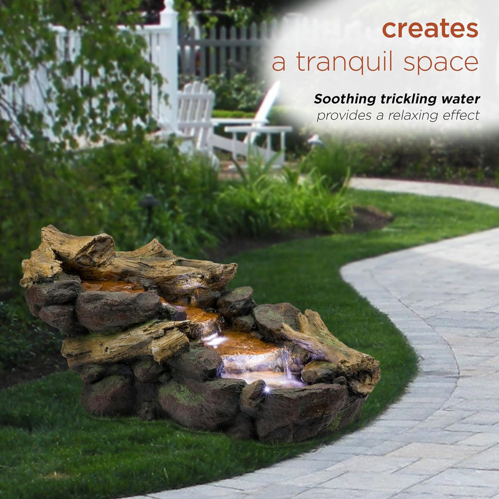 Alpine Corporation TZL296 41' Long Indoor/Outdoor River Rock and Log Fountain with LED Lights – Outdoor Water Feature for Garden, Patio, and Home Décor, Brown