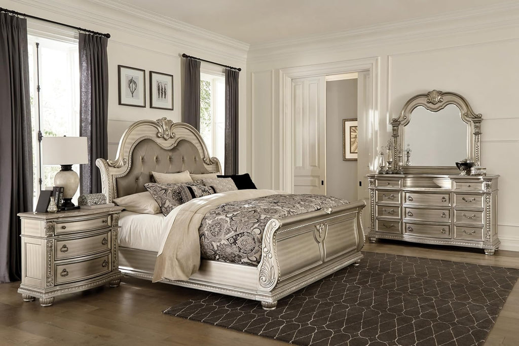Traditional Classic 5 Pieces Cal-King Size Set Silver Finish Faux Leather Upholstered Bed Classic Design Marble Top Formal Bedroom Furniture