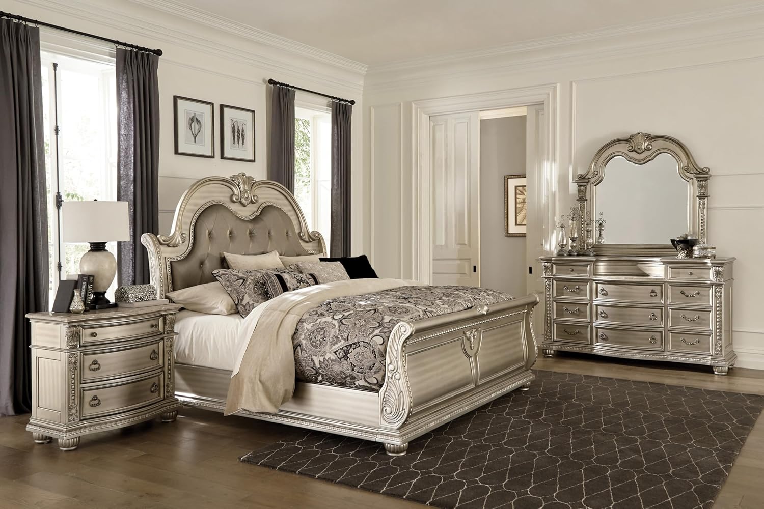 Traditional Classic 5 Pieces Cal-King Size Set Silver Finish Faux Leather Upholstered Bed Classic Design Marble Top Formal Bedroom Furniture