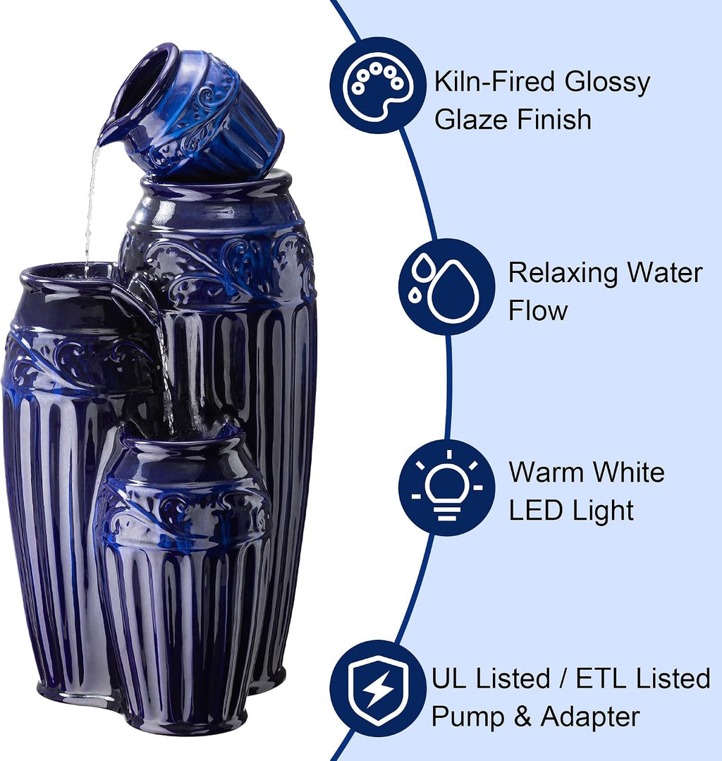 Glitzhome 35.5' H Oversized Outdoor Water Fountain with LED Lights and Pump, 4 Tier Cobalt Blue Embossed Pattern Ceramic Pots Cascading Floor Standing Fountain for Porch Deck Garden Patio Backyard