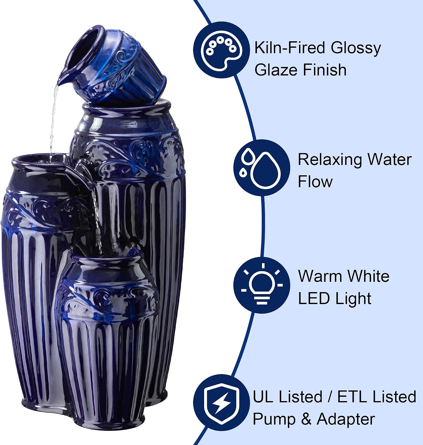 Glitzhome 35.5' H Oversized Outdoor Water Fountain with LED Lights and Pump, 4 Tier Cobalt Blue Embossed Pattern Ceramic Pots Cascading Floor Standing Fountain for Porch Deck Garden Patio Backyard
