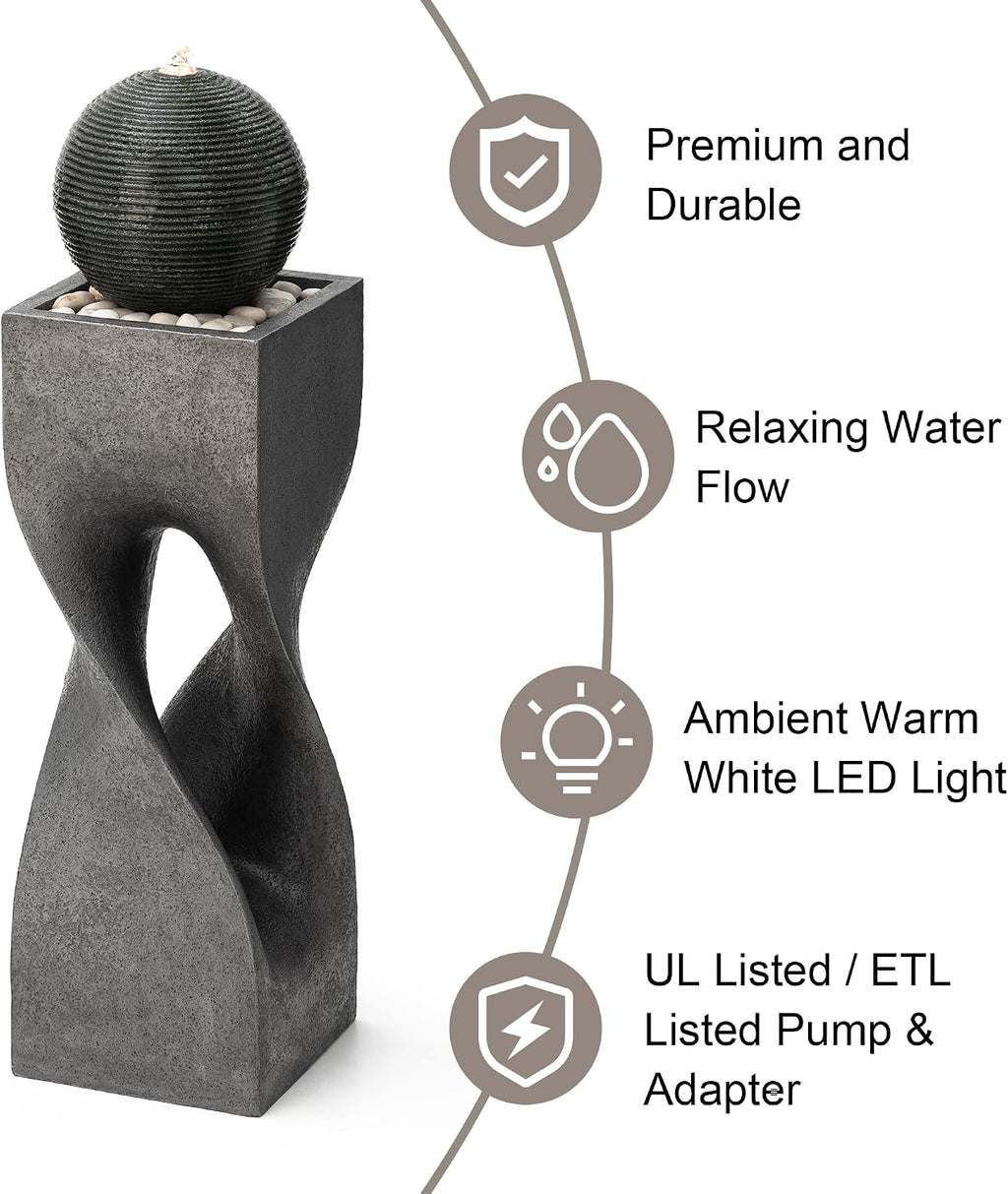 Glitzhome Modern Geometric Outdoor Water Fountain with LED Light, Oversized Pedestal Water Fountains with Submersible Pump, Sphere Floor Standing Fountain with Pebbles for Garden Patio Decor, 40.5'H