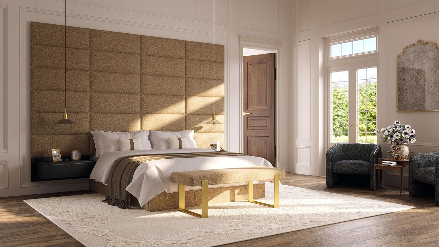 Vänt Upholstered Wall Mounted Velvet Headboard Panels - Catherine Layout - 90' X 46'- Configuration of 12 Individual Panels - Recommended for Queen-Full - Velvet/Sand Storm
