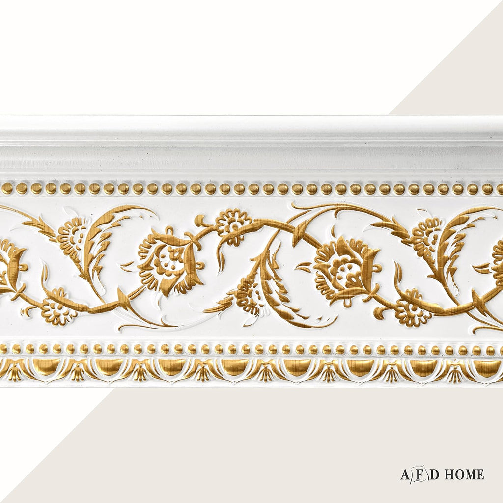 6-Piece Crown Molding Crown Decor Set, Molding Trim for Walls, 94 Inches, Gold Floral on French White