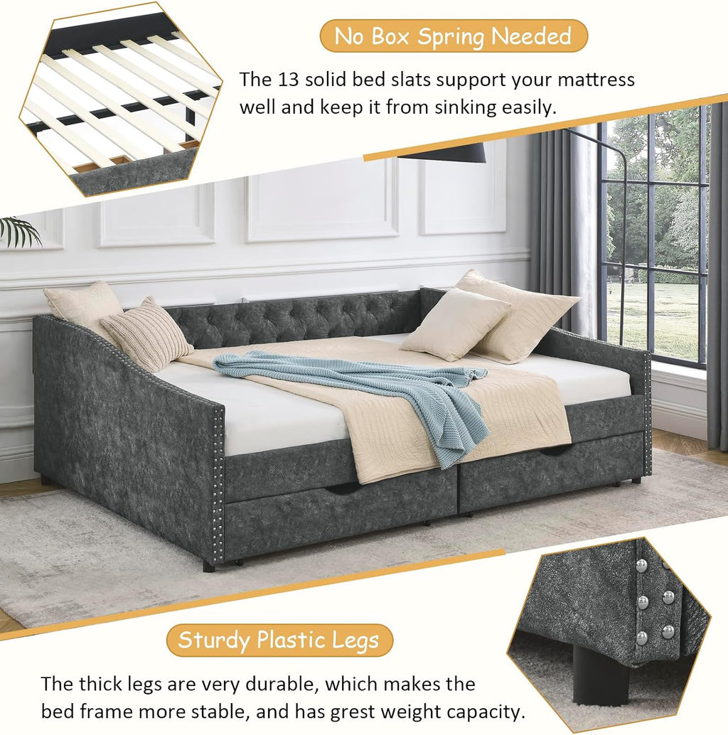 Wood Queen Size Daybed, Day Bed Frame with 2 Storage Drawers, Upholstered Bed Frame Queen Sofa Bed with Button and Nailhead Design for Bedroom Guest Room, No Box Spring Needed, Grey