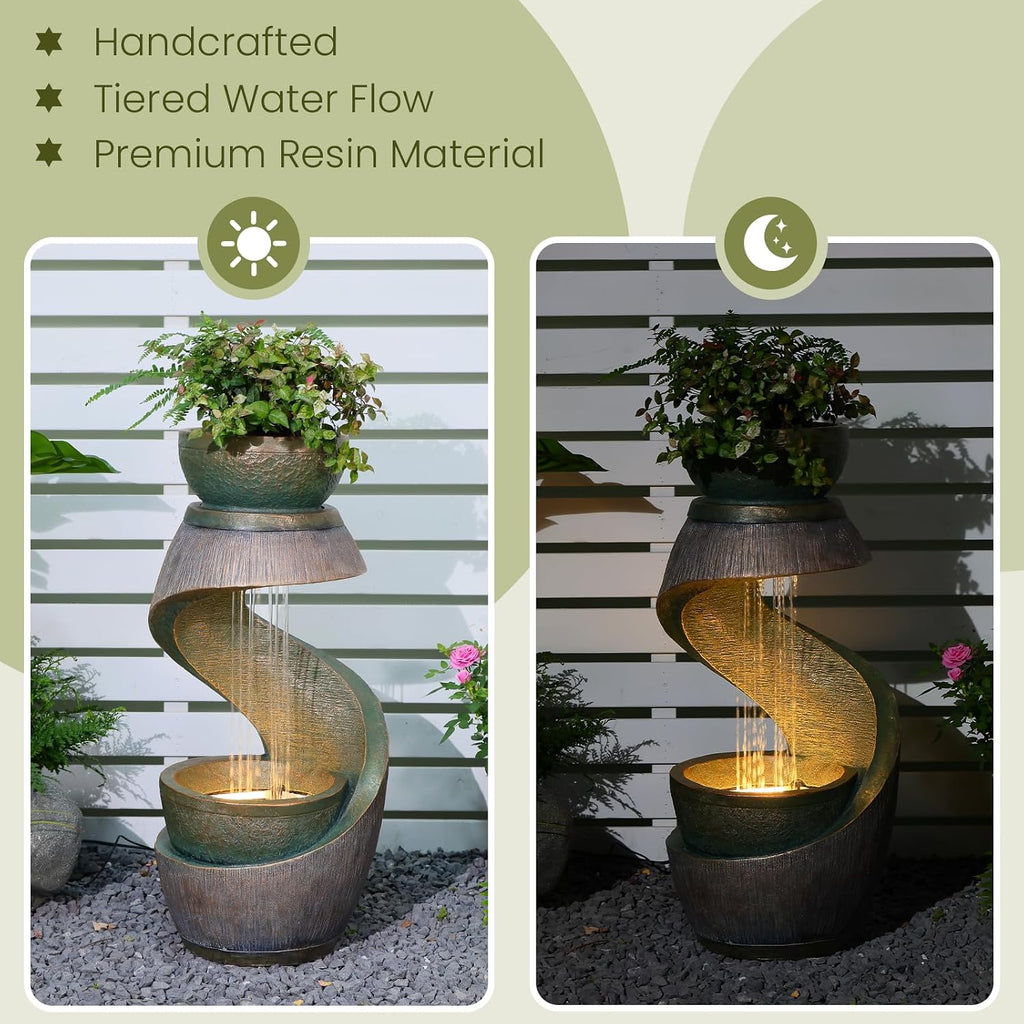 31.9' Outdoor Water Fountain with Lights – S-Shaped Water Feature Outdoor Modern Resin Waterfall Feature with Bowl Planter, Decorative Garden Fountain for Patio Balcony Porch Yard, Gold