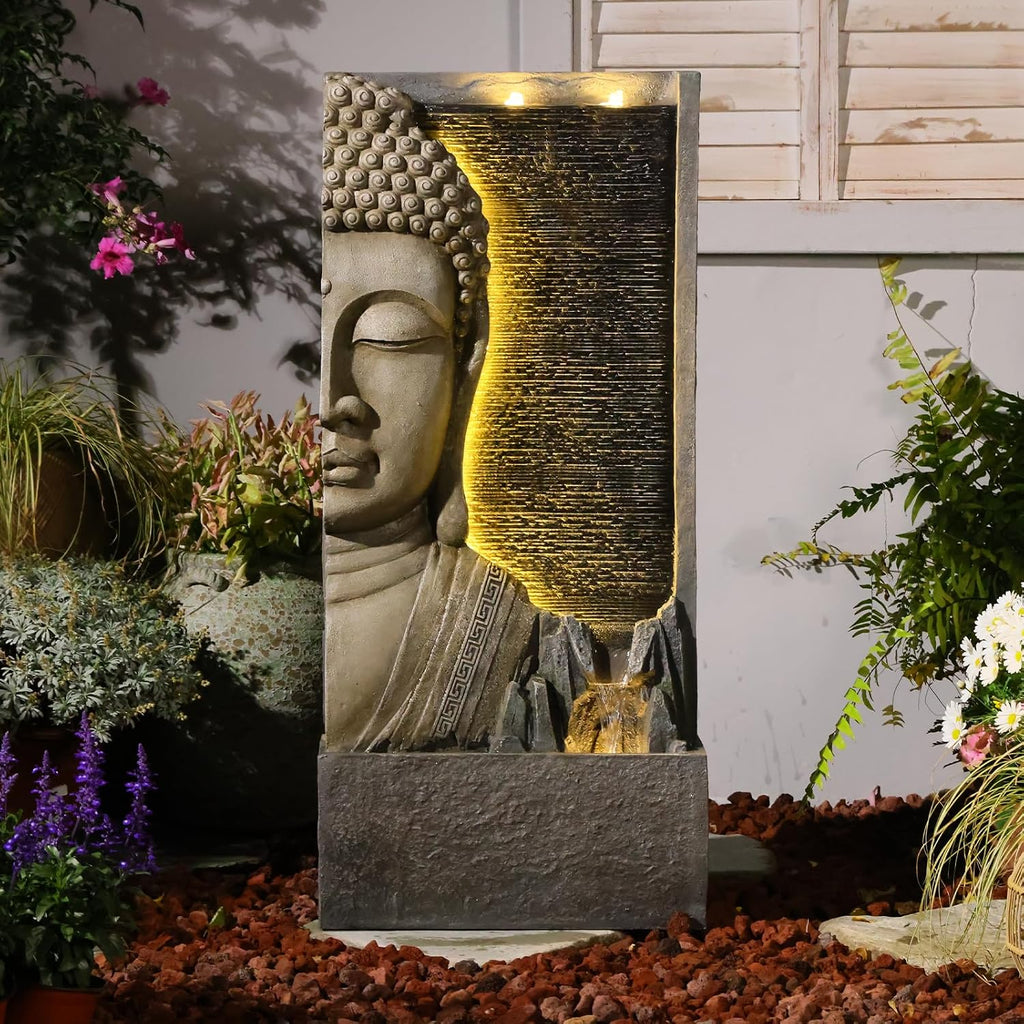 Tankana 47.5' Buddha Water Fountain Outdoor with LED Lights, Large Zen Garden Waterfall Feature with Double Bubblers and Stream, Resin Statue for Patio, Yard, Porch, Meditation Decor