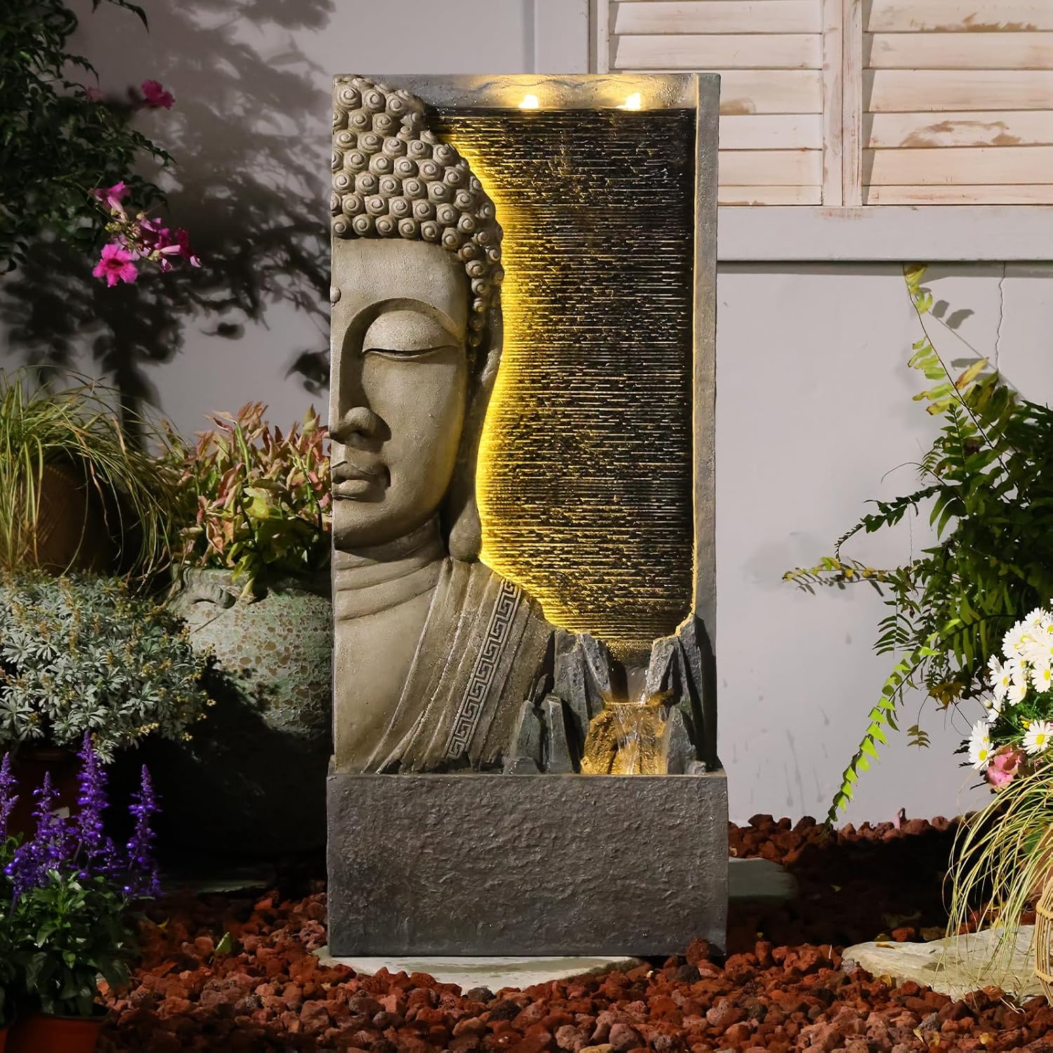Tankana 47.5' Buddha Water Fountain Outdoor with LED Lights, Large Zen Garden Waterfall Feature with Double Bubblers and Stream, Resin Statue for Patio, Yard, Porch, Meditation Decor