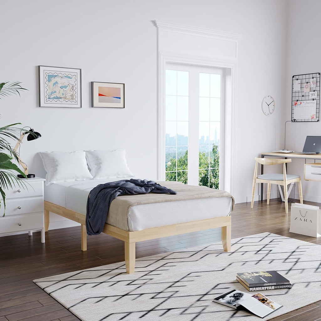 Giantex 14 Inch Twin Wood Platform Bed Frame, Minimalist Style Mattress Foundation with Solid Rubber Wood, Heavy Duty Slat Support, Without Headboard, Easy Assembly, No Box Spring Needed, Natural