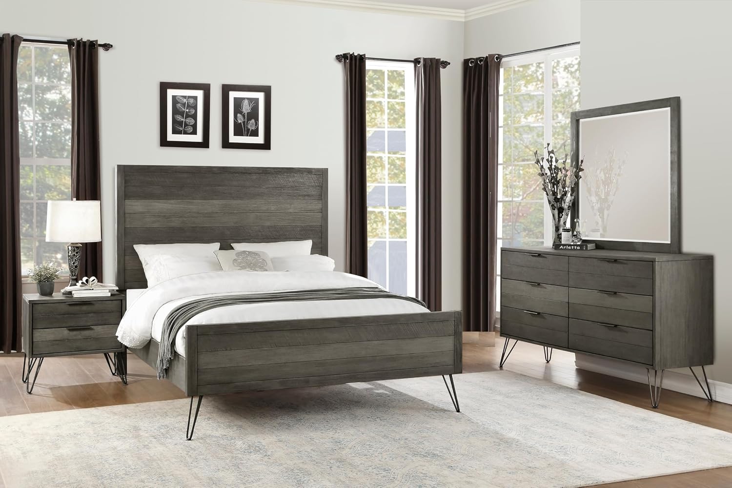 5-Piece Modern Queen Size Bed Set Panel Gray Finish Solid Acacia Wood Metal Legs Bedroom Furniture