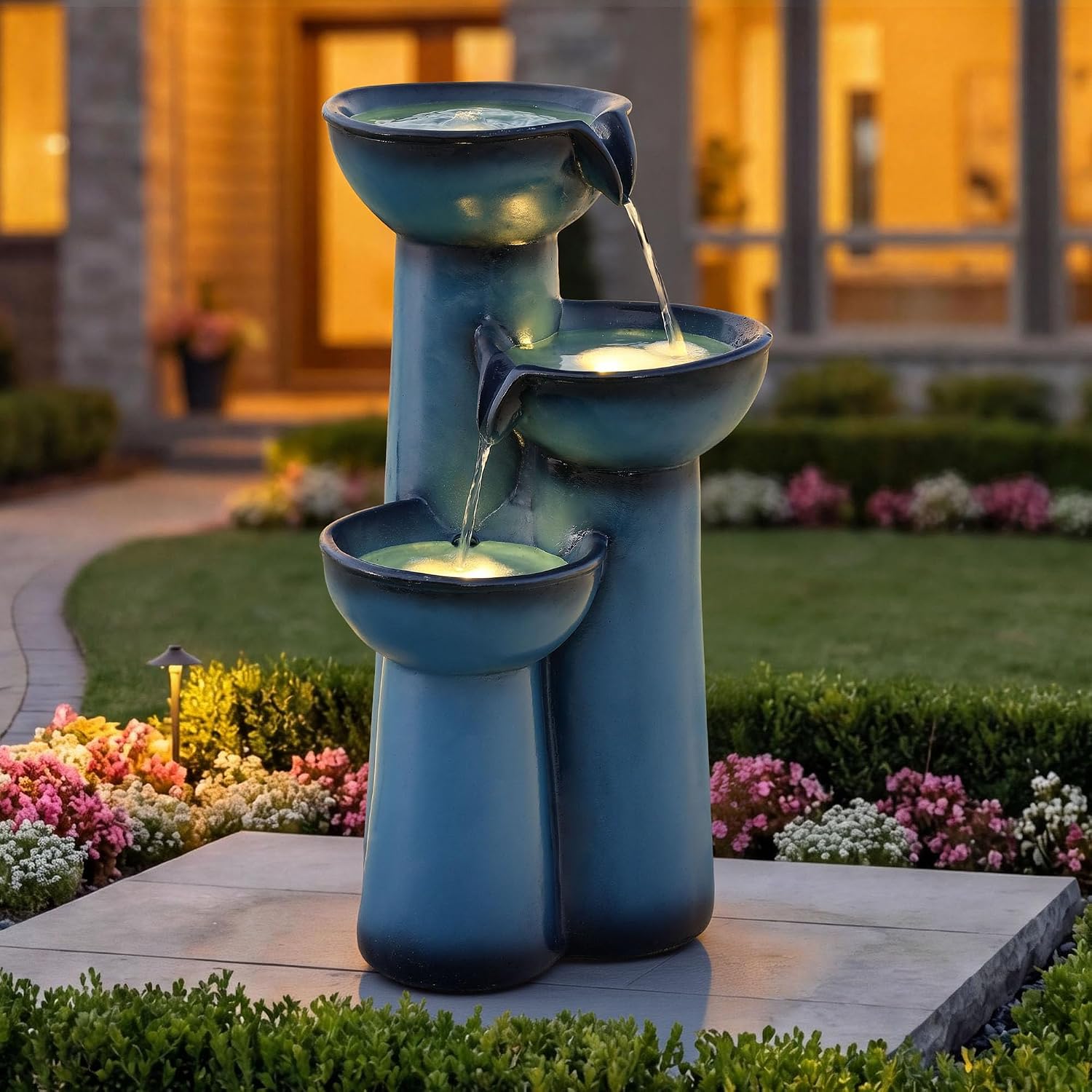 27' Outdoor Water Fountain with LED Lights, 3-Tier Cascading Faux Ceramic Column Water Feature with Pump for Garden Patio Backyard, Weather-Resistant Resin Waterfall for Serene Oasis, Blue