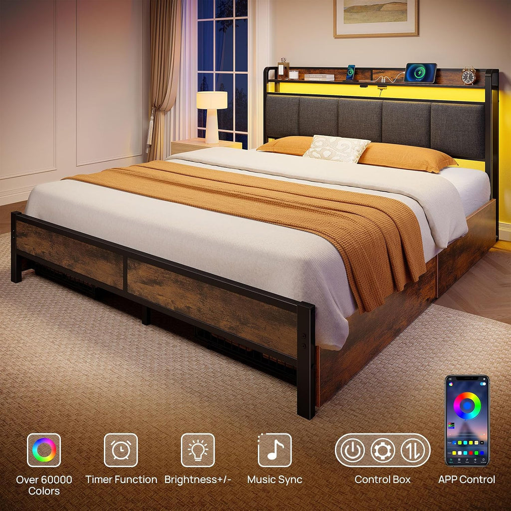 Rolanstar Bed Frame Queen Size with Charging Station and LED Lights, Upholstered Storage Headboard with Drawers, Heavy Duty Metal Slats, No Box Spring Needed, Easy Assembly, Rustic Brown