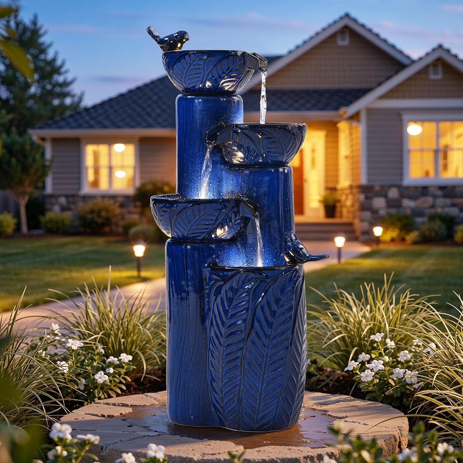 33' H Ceramic Outdoor Water Fountain with LED Lights, 4-Tier Bowl Water Feature with Birds, Cobalt Blue Glaze, Embossed Leaf Pattern, Cascading Waterfall for Tranquil Garden, Patio, or Porch