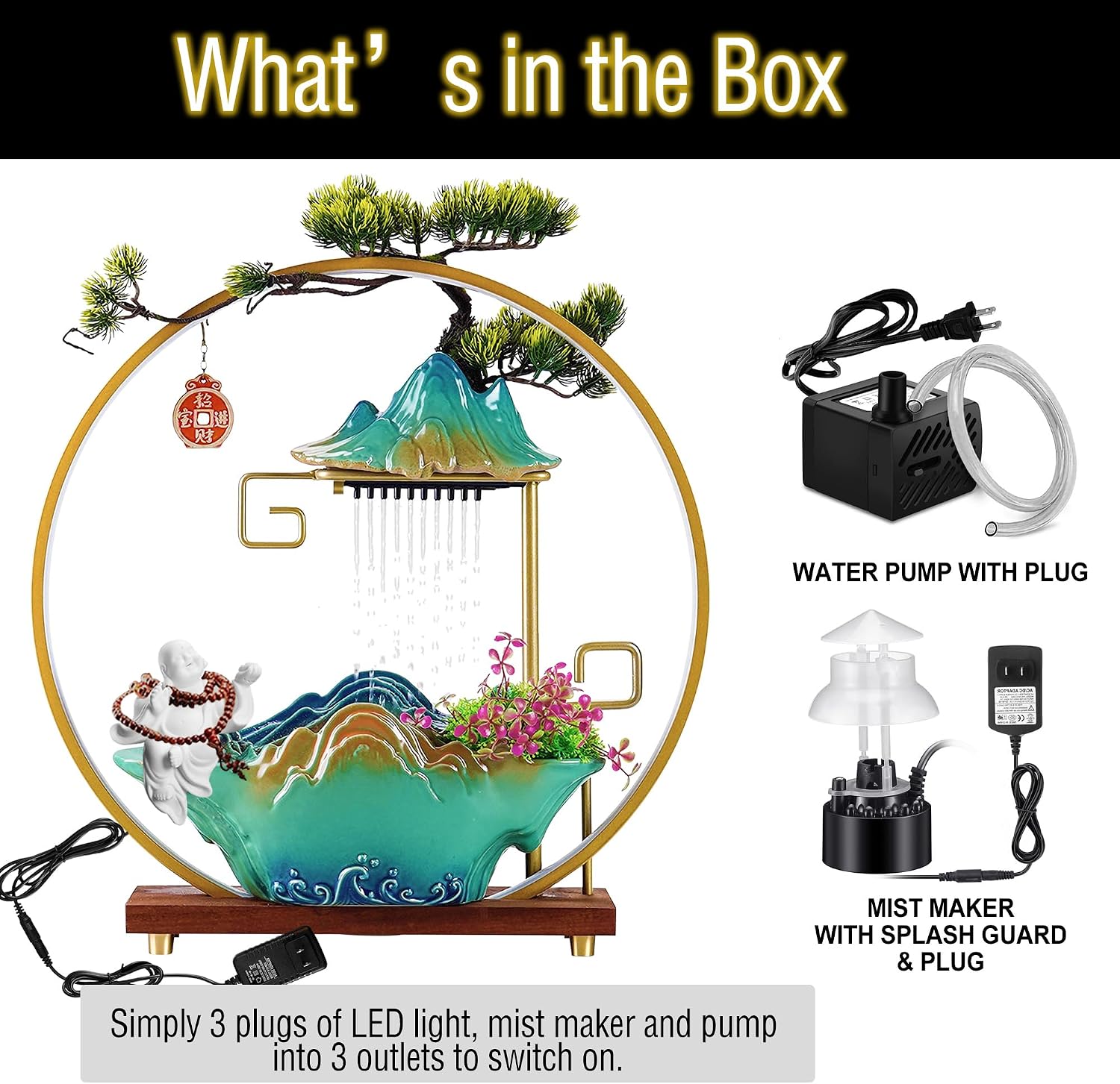 Tabletop Water Fountains Indoor Waterfall Desktop Fountain for Meditation with Mist Japanese Fountain with Fake Plants Feng Shui Office Home Decor for Good Luck Wealth (Buddha)