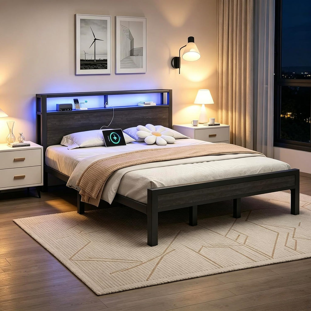 LoVinson King Size Bed Frame with Charging Station and LED Light, Metal Platform Bed with Storage Headboard, Noise Free, No Box Spring Needed, Easy Assembly, Grey
