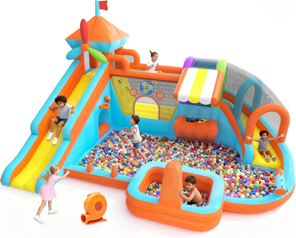 Inflatable Bounce House with Double Slide, 10 in 1 Large Bounce Castle with 750W Blower, Water Slide, Jumping, Splash Pool, Climbing Wall, Toy Stand, Water Cannon, Basketball, Tunnel, Outdoor, Orange