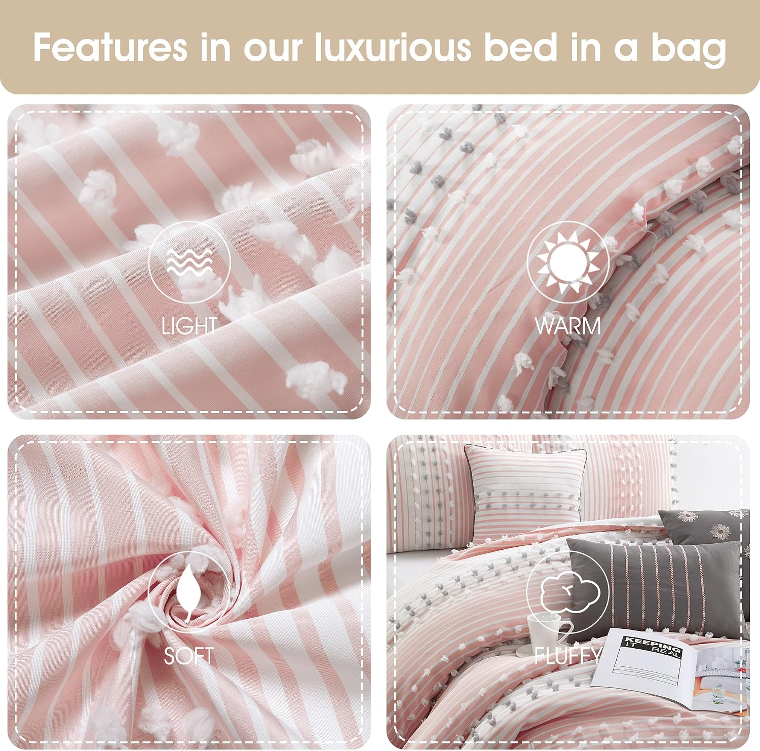 Grand Avenue Pink Striped Dots Cal King Comforter Set, 7 Piece, Jaquard & Clip Bedding Comforters & Sets, Bedskirt, Pillows & Shams, All Season Bedding Set
