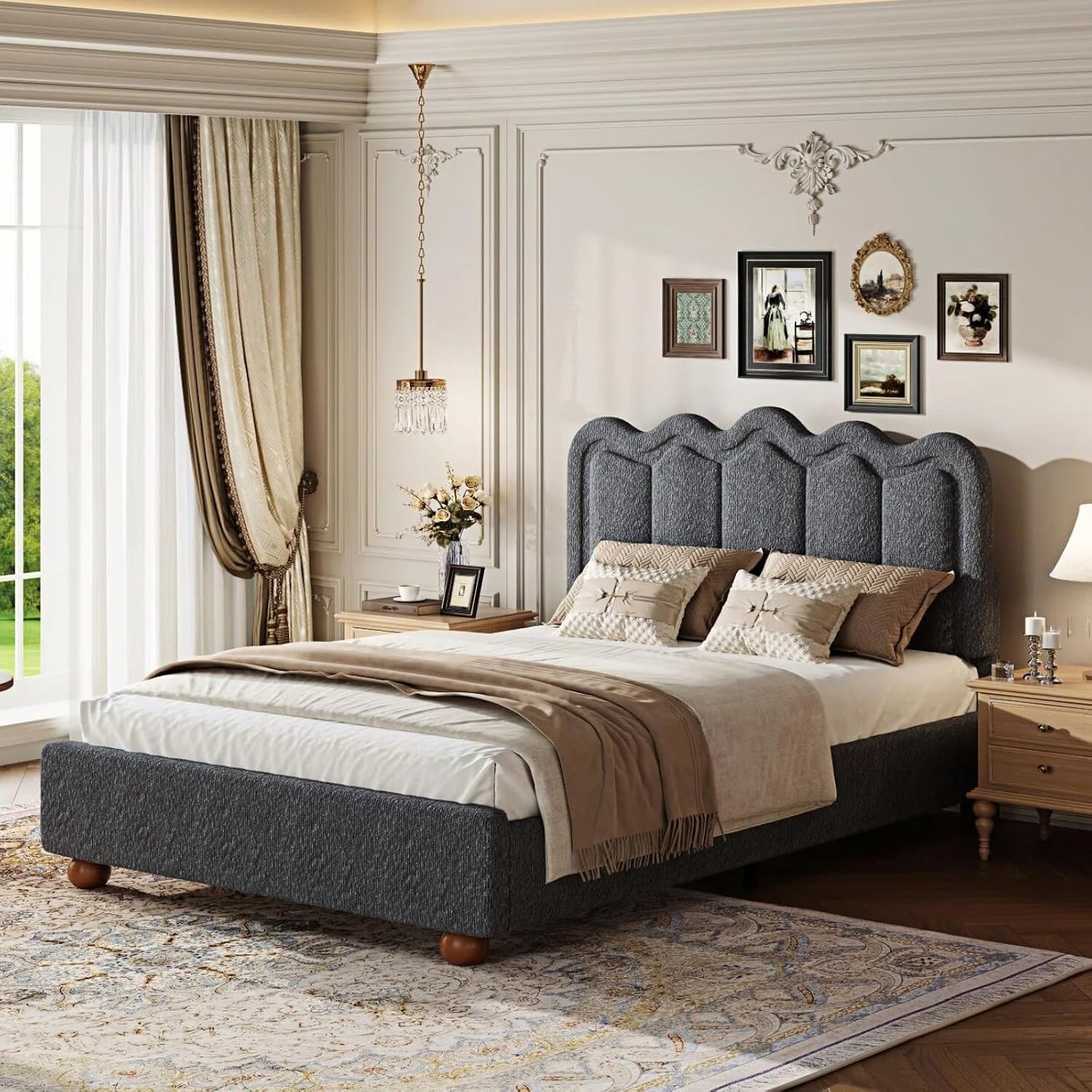 Full Size Bed Frame with Headboard, Boucle Bed Frame, Soft Upholstered Platform Cloud Bedframe with Footboard, Solid Wood Legs, Solid Wooden Slats Support, No Box Spring Required, Easy Assembly, Grey