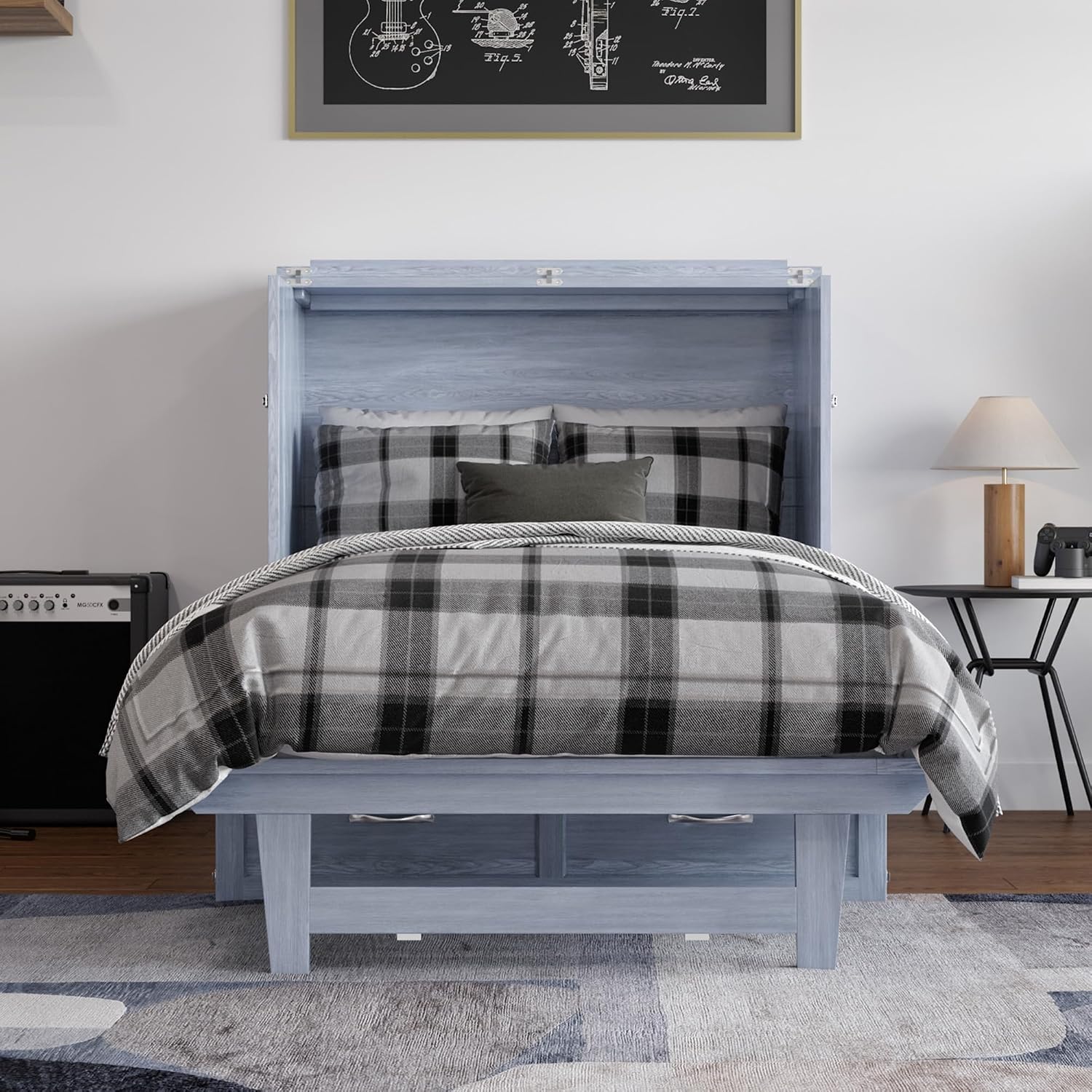 AFI, Northfield Murphy Bed Chest Twin XL with 6' Mattress, Storage Drawer & Built-in USB Charger, Driftwood