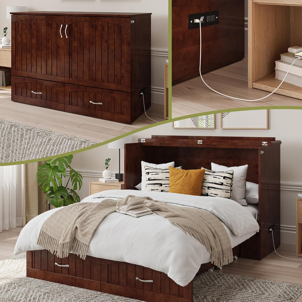 AFI, Southampton Murphy Bed Chest Full with 6' Mattress, Built-in USB Charger & Storage Drawer, Walnut