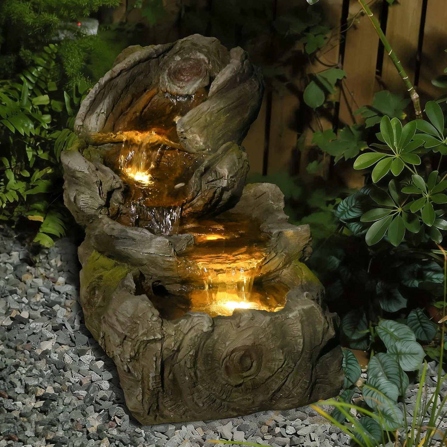 Sunlinua 31.5' L Outdoor Water Fountain with 3 Tiers Cascading Realistic Tree Trunk Waterfall Fountains with LED Lights Outdoor Water Fountain for Garden Patio Backyard Porch Home Decor