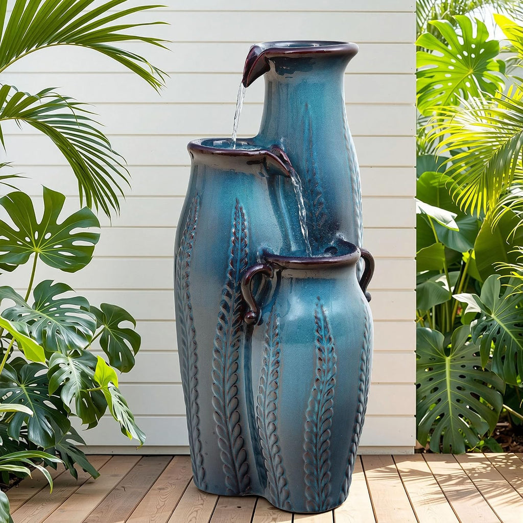 29.5' H Ceramic Outdoor Water Fountain with LED Lights, 3-Tier Vase Cascading Water Feature, Turquoise with Embossed Leaf Patterns, Tranquil Waterfall for Garden, Patio, Yard, or Porch
