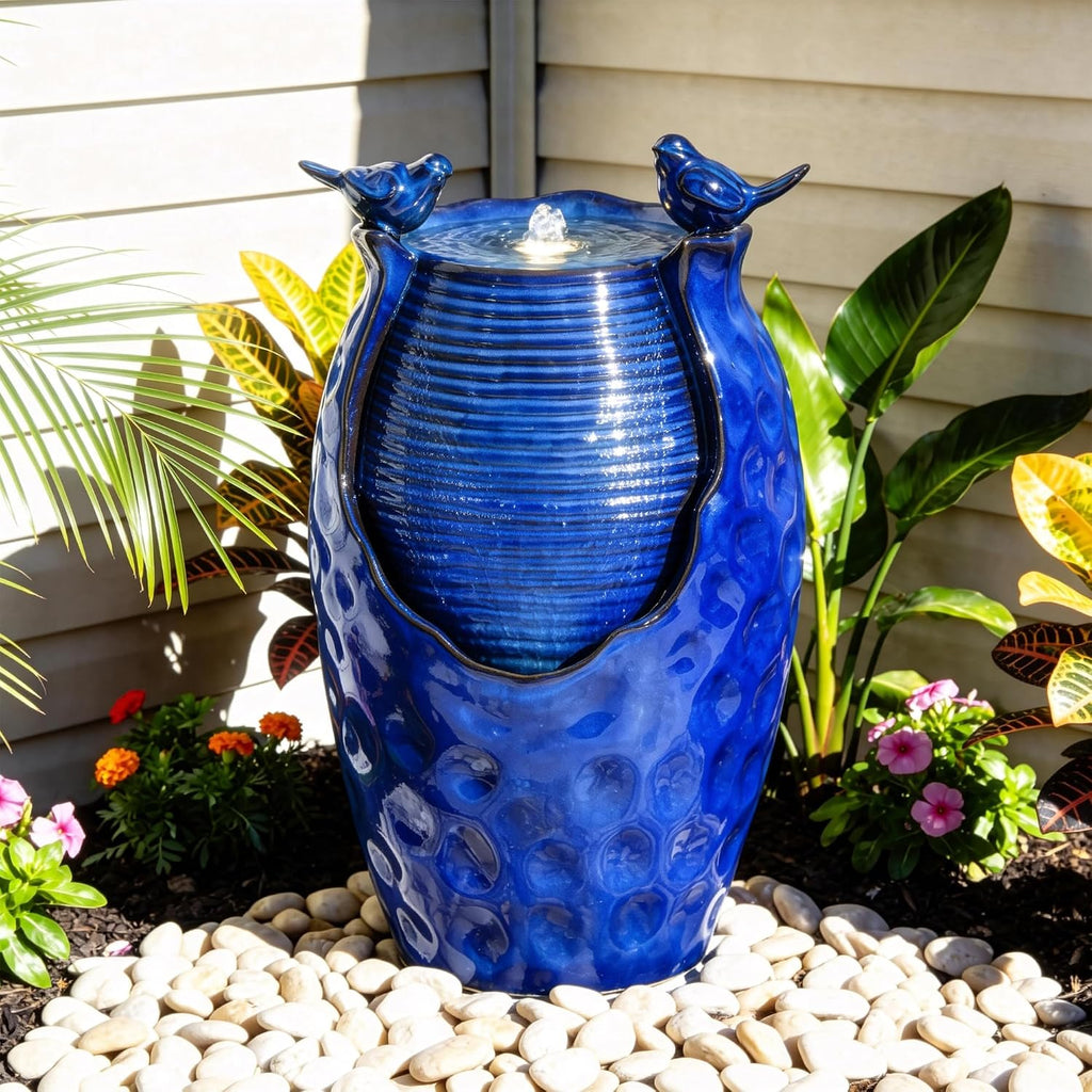 23.5' H Ceramic Jar Outdoor Fountain, Honeycomb Pot Water Feature with LED Lights, Soothing Trickling Waterfall for Garden, Patio, Yard Oasis, KD Vivid Bird Accents, Cobalt Blue Glaze,