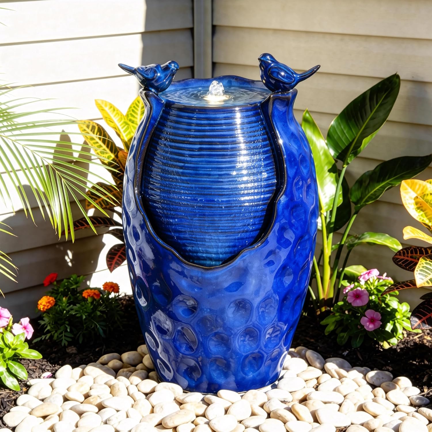 23.5' H Ceramic Jar Outdoor Fountain, Honeycomb Pot Water Feature with LED Lights, Soothing Trickling Waterfall for Garden, Patio, Yard Oasis, KD Vivid Bird Accents, Cobalt Blue Glaze,
