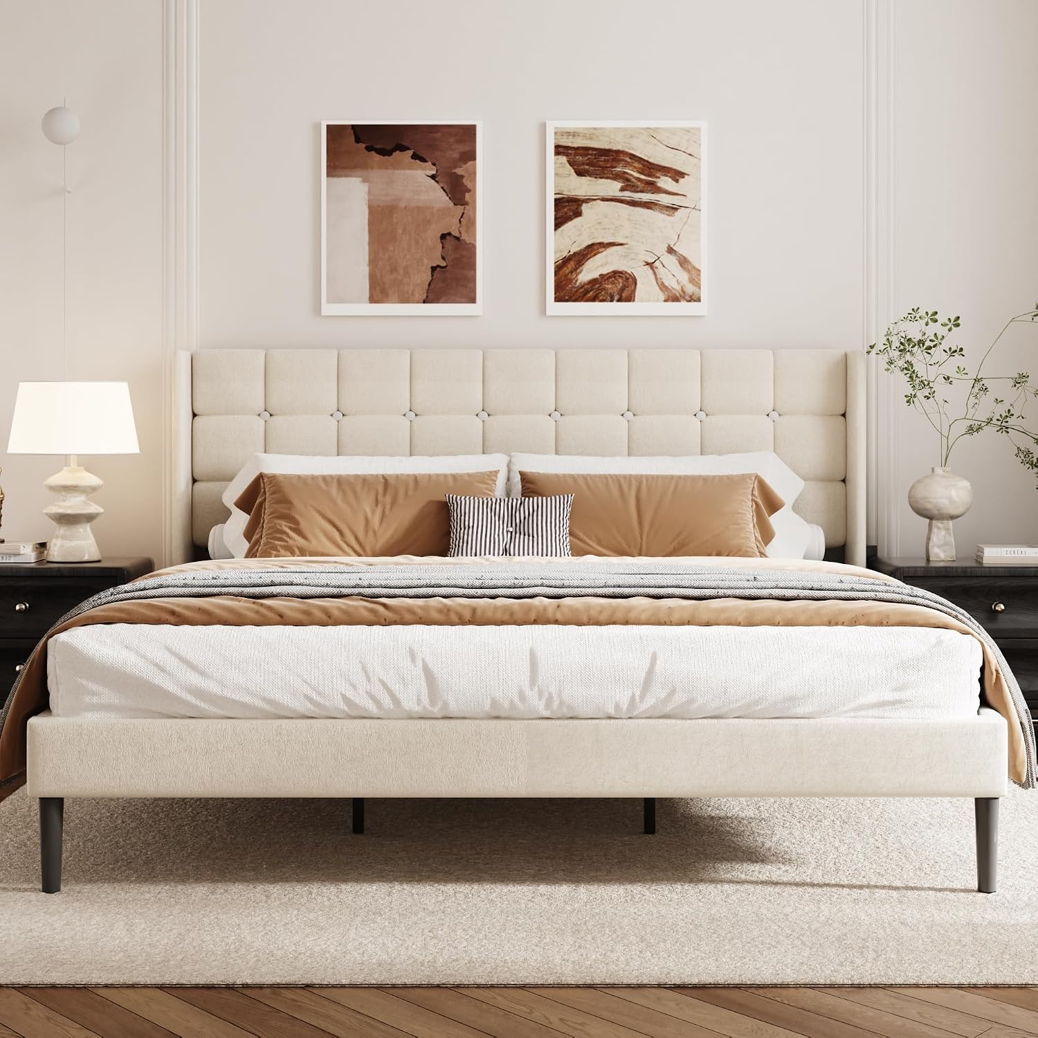 King Size Bed Frame with Wingback Headboard, Velvet Upholstered Platform Bed Frame with Button Tufted Headboard, Wooden Slats Support, No Box Spring Needed, Noise Free, Easy Assembly, Beige