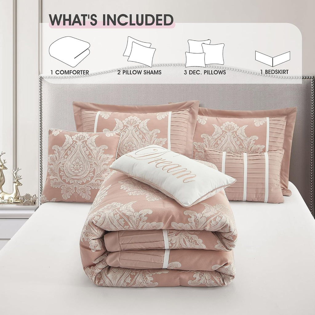 LANCO MODERN LIFESTYLE Blush Queen Comforter Set 7 Pieces, Jacquard Woven with Damask, Bedding Set in a Bag Includes Comforter, Bed Skirt, Pillow Shams, and Decorative Pillows