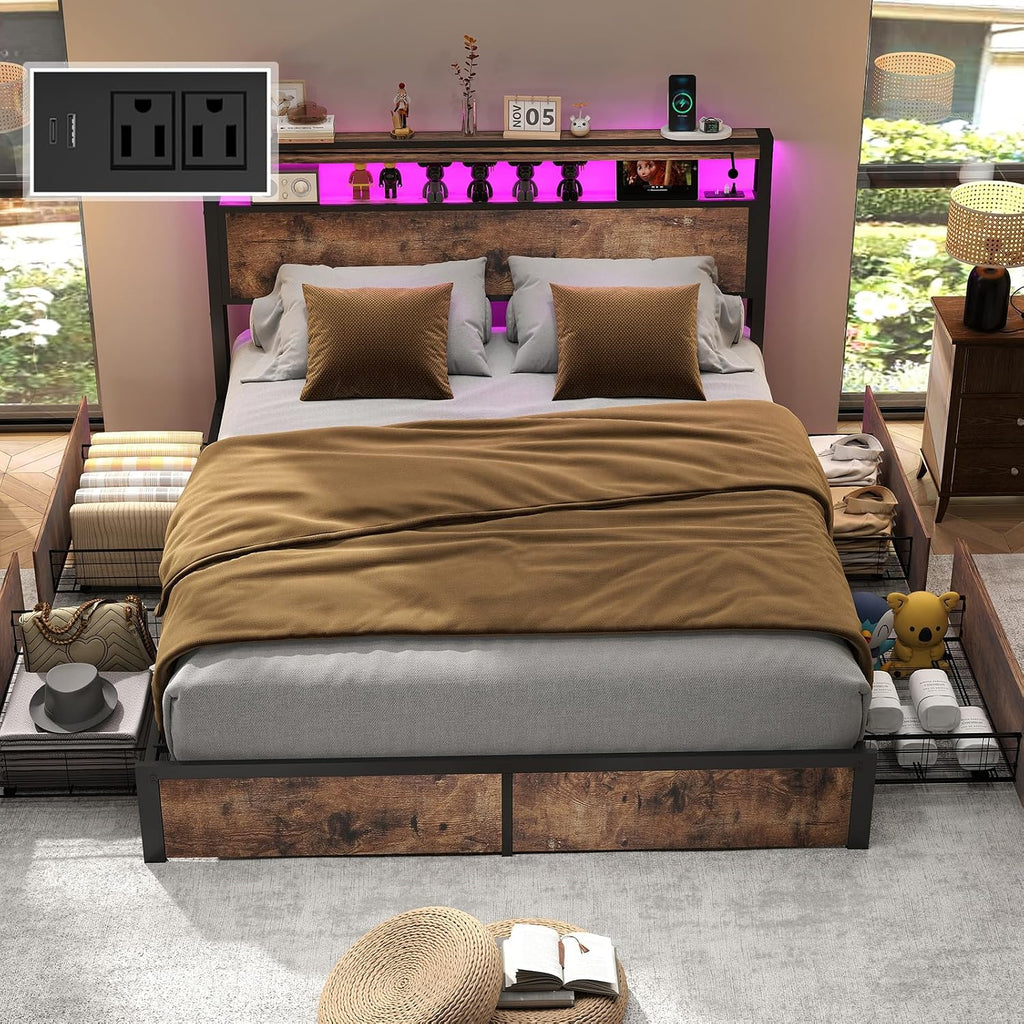 Fabulis Full Size Bed Frame with 4 Storage Drawers and Headboard with Charging Station and LED Lights,2 Tier Solid Wood Headboard Storage,Noise Free, No Box Spring Needed/Remote/Vintage Brown