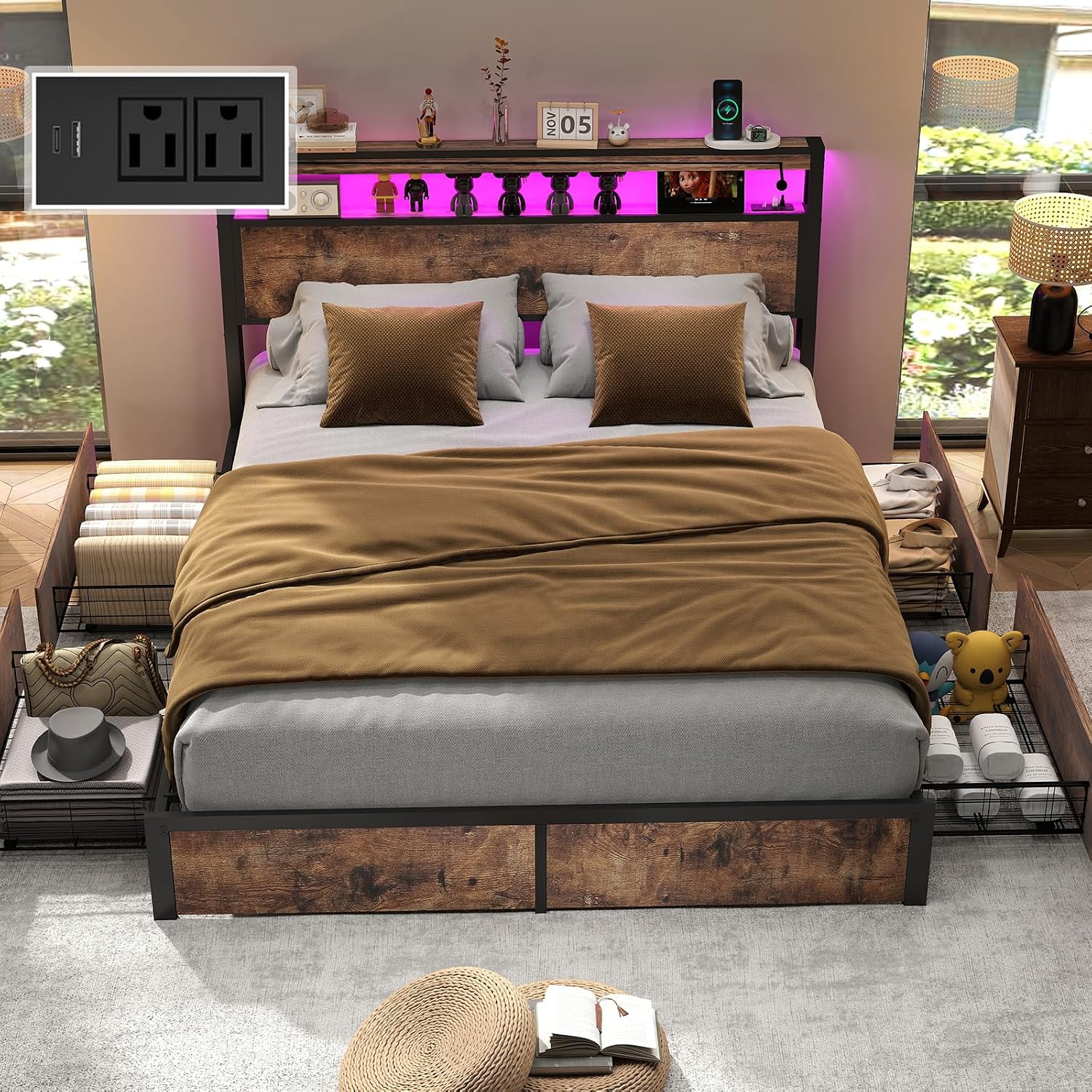 Fabulis Full Size Bed Frame with 4 Storage Drawers and Headboard with Charging Station and LED Lights,2 Tier Solid Wood Headboard Storage,Noise Free, No Box Spring Needed/Remote/Vintage Brown