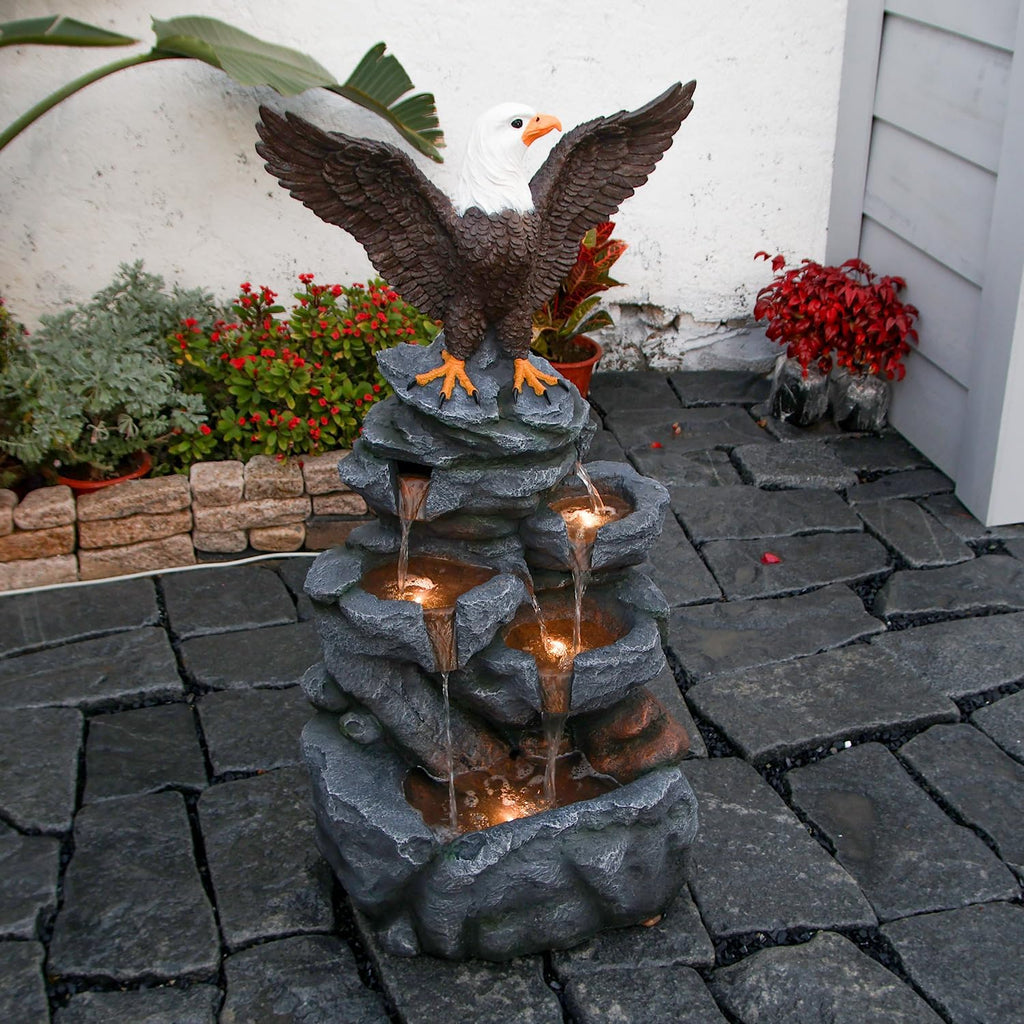 YZM Bald Eagle Statue Outdoor Fountain Tiered Cascading Rock Water Feature for Garden Patio Backyard Porch Deck 38.58' Tall Outdoor Waterfall Sculpture Elegant Garden Decor