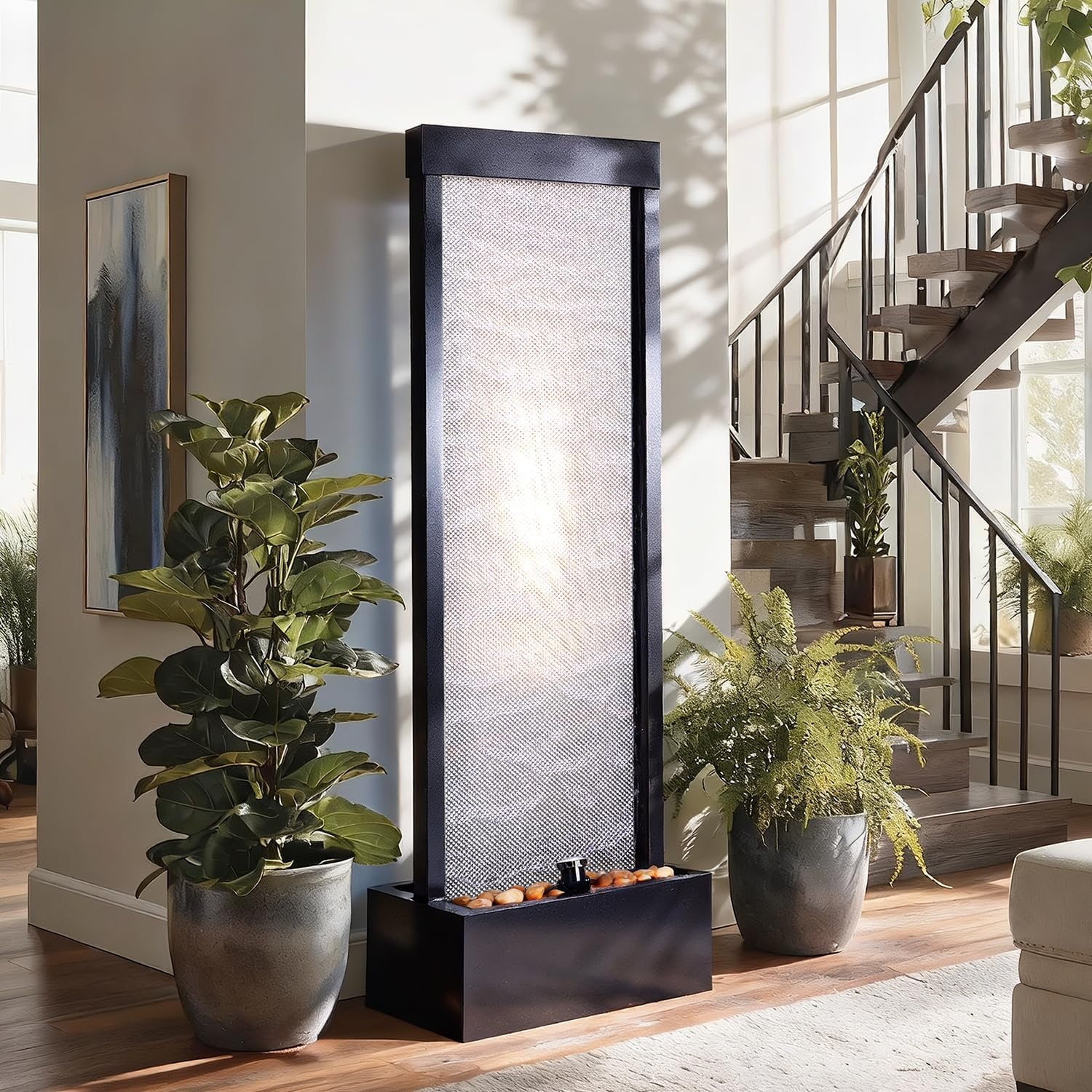 Jocoevol Mesh Panel Waterfall Fountain, Large Indoor Water Feature with Stones & Light, 63.4' Floor Standing Water Wall for Home Decor, Living Room, Patio, Outdoor Garden