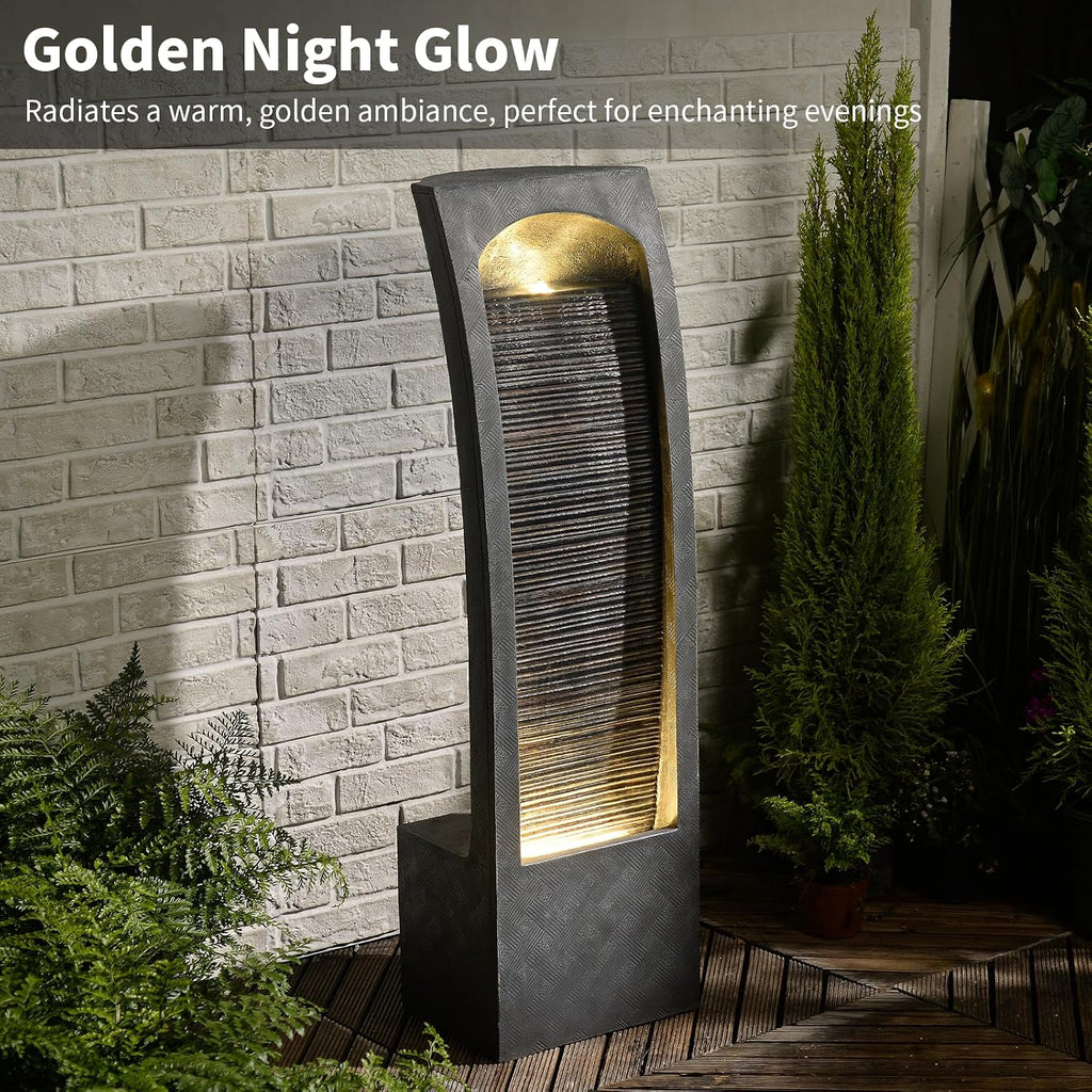 Bumilgar Indoor Water Fountain Curved Faux Slate Outdoor Waterfall Fountains Floor Standing Tiered Rock with LED Lights and Pump for Garden, Backyard, Deck, Patio, Porch and Home Art Decor