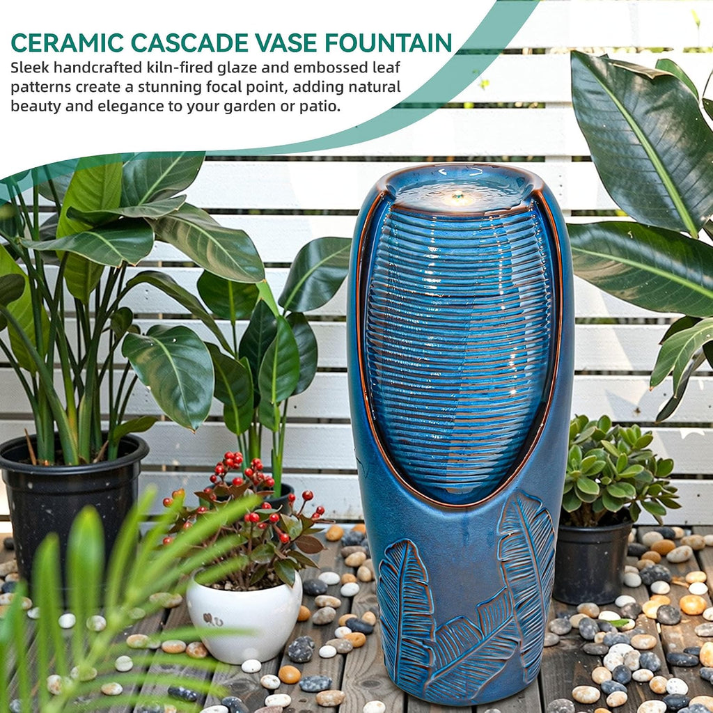 32' H Ceramic Jar Outdoor Water Fountain, Elegant Turquoise Water Feature Outside with LED Lights, Banana Leaf Texture, Soothing Cascading Waterfall for Garden Patio Yard Front Porch Decor