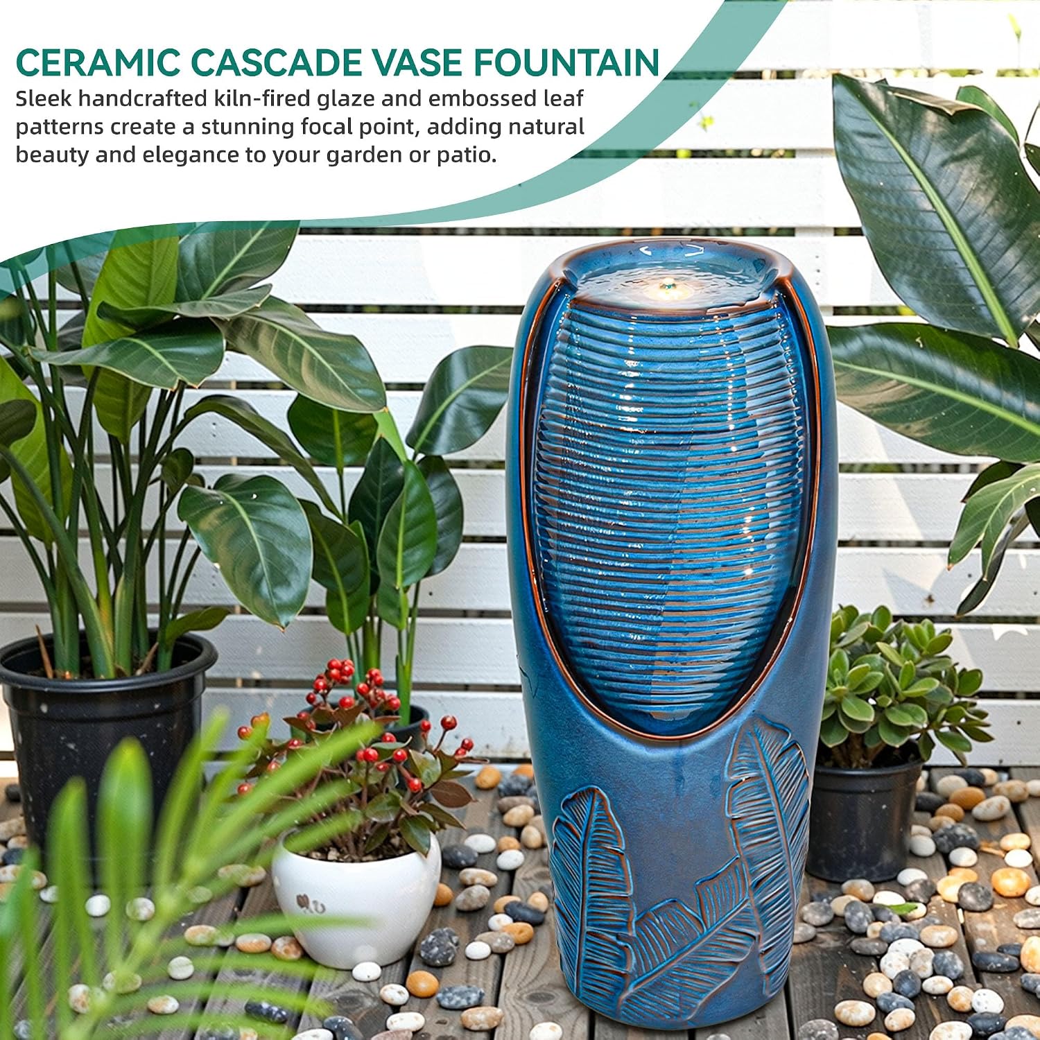 32' H Ceramic Jar Outdoor Water Fountain, Elegant Turquoise Water Feature Outside with LED Lights, Banana Leaf Texture, Soothing Cascading Waterfall for Garden Patio Yard Front Porch Decor