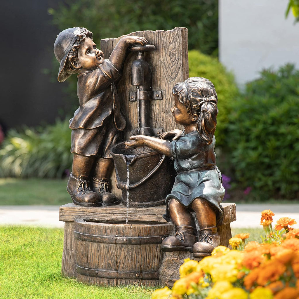 Glitzhome Outdoor Water Fountain with LED Light, Children Playing with Faucet Waterfall Fountains, Antique Bronze Resin Boy and Girl Statue Outdoor Waterfall Fountain for Patio Backyard Garden, 25'H