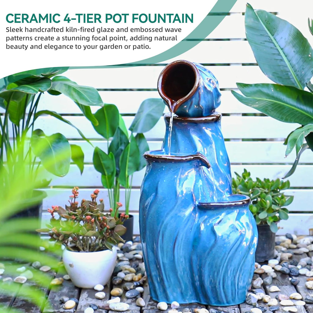 29' Outdoor Water Fountain, Ceramic Outdoor Fountain, Stacked 4-Tier Pots Waterfalls for Garden, Patio, Yard, or Porch Decor, Creating Relaxing Serene Oasis, Dynamic Wave-Texture, Turquoise