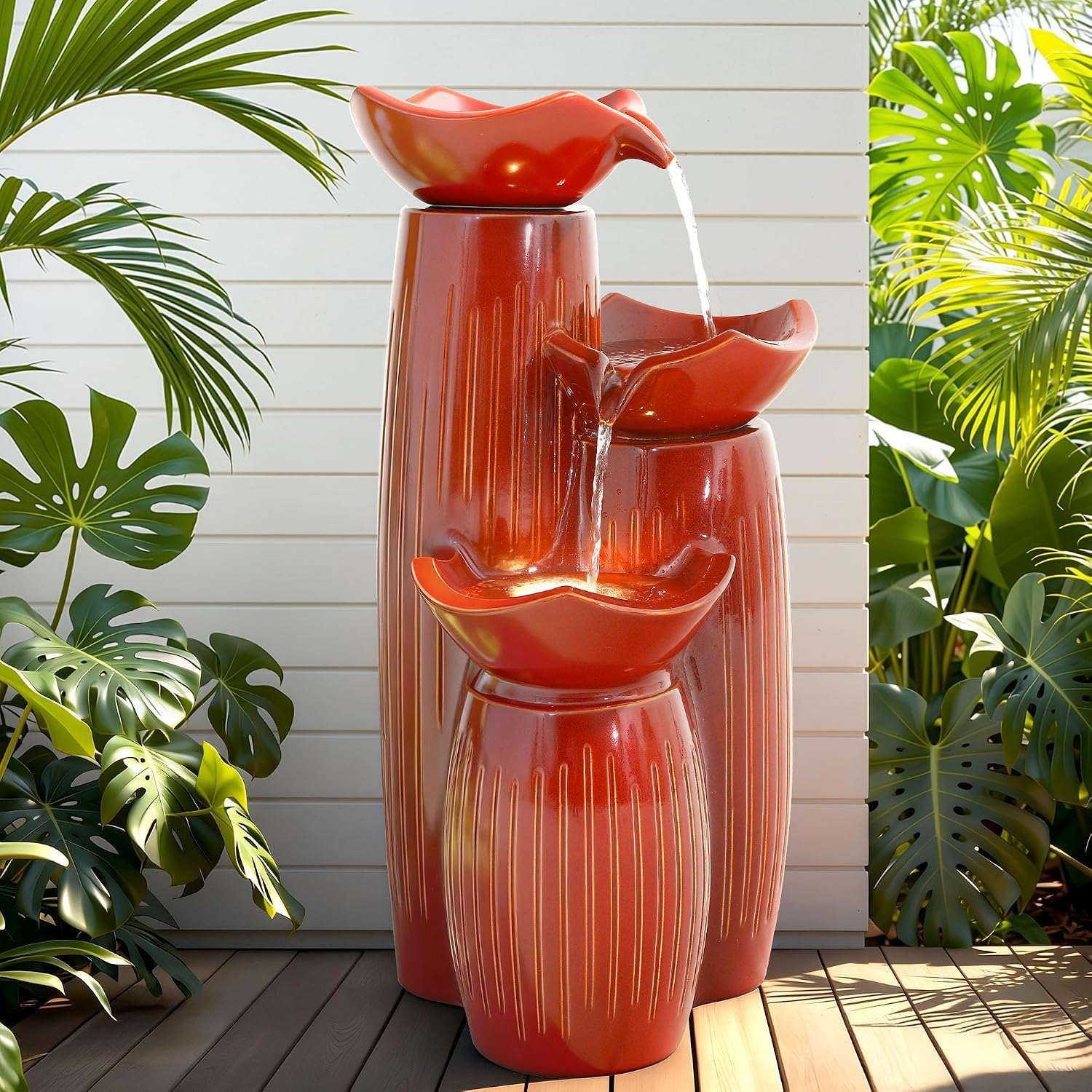 30' H Ceramic Outdoor Water Fountain with LED Lights, 3-Tier Cascading Lotus Bowls Water Feature, Tranquil Waterfall for Relaxing Garden, Patio, Yard, Terracotta Red, Vertical Striped Texture