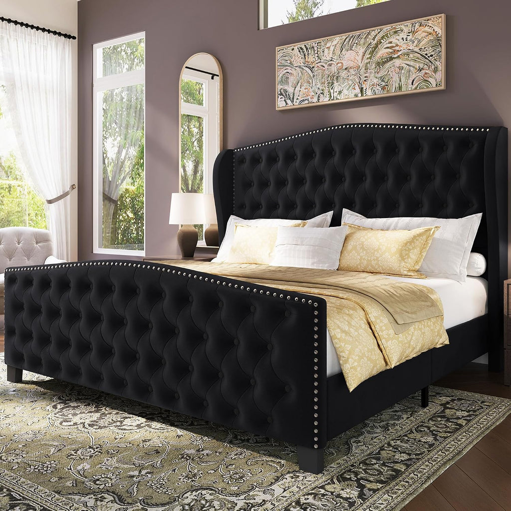 BRELTAM Upholstered Queen Size Bed Frame Velvet Black Tufted Platform Bed Frame with Wingback Headboard & Footboard, with Deep Button Tufted & Nailhead Wooden Slats Support, No Box Spring Needed