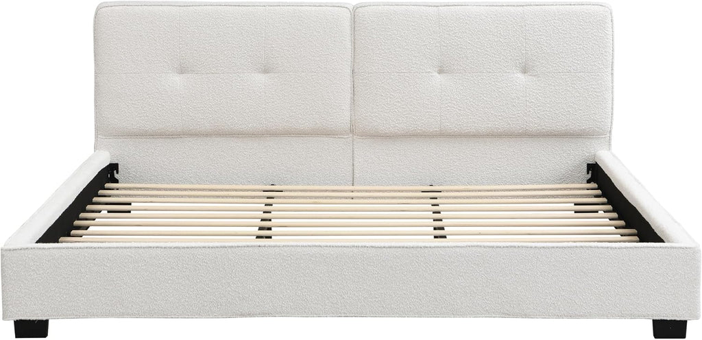 JIVOIT King Size Platform Bed, Boucle Upholstered Platform Bed with Curved Tufted Headboard, Soft Square Corners, Wood Slats Support, No Box Spring Needed