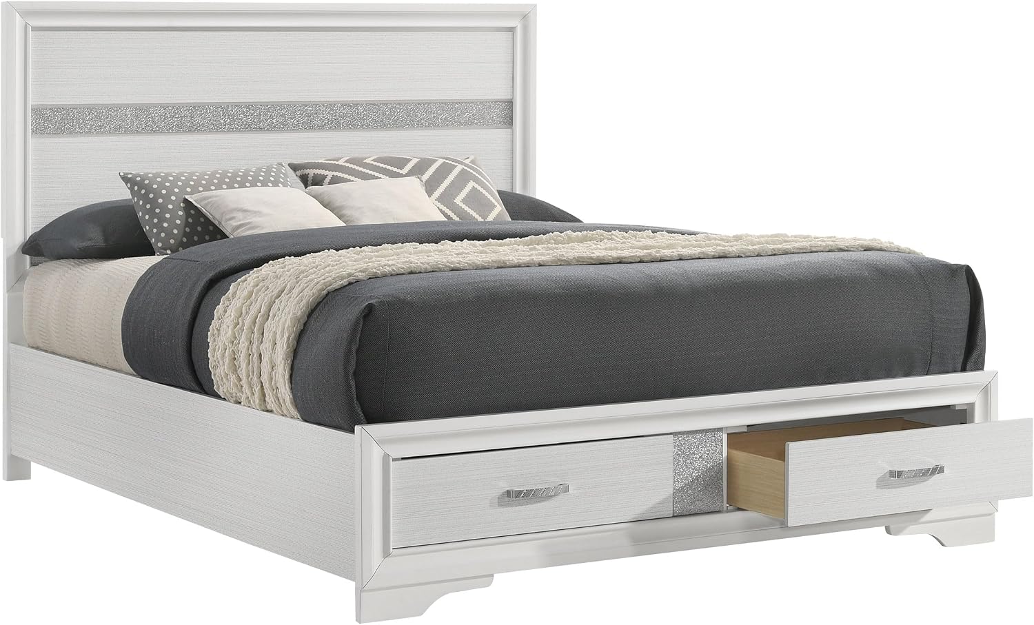 BOWERY HILL Modern Queen Storage Panel Bed, Asian Hardwood and MDF, White/Rhinestone Finish, Built-in Footboard Drawers, Contemporary Design, Glamorous Bedroom Furniture, 50.25 in H x 63.5 in W x